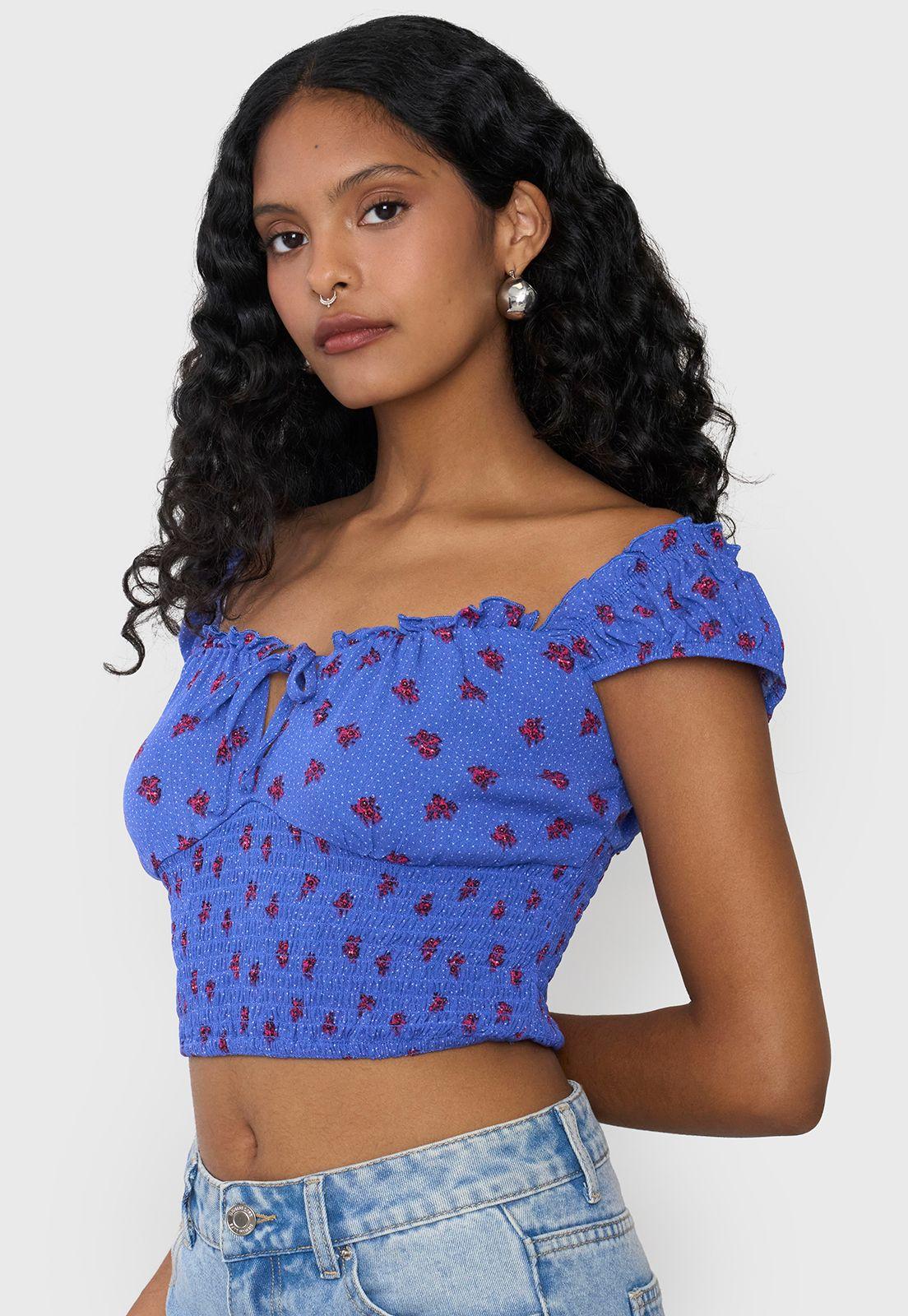 Blusa Mujer Peto Off Shoulder Amarras Azul Corona-2