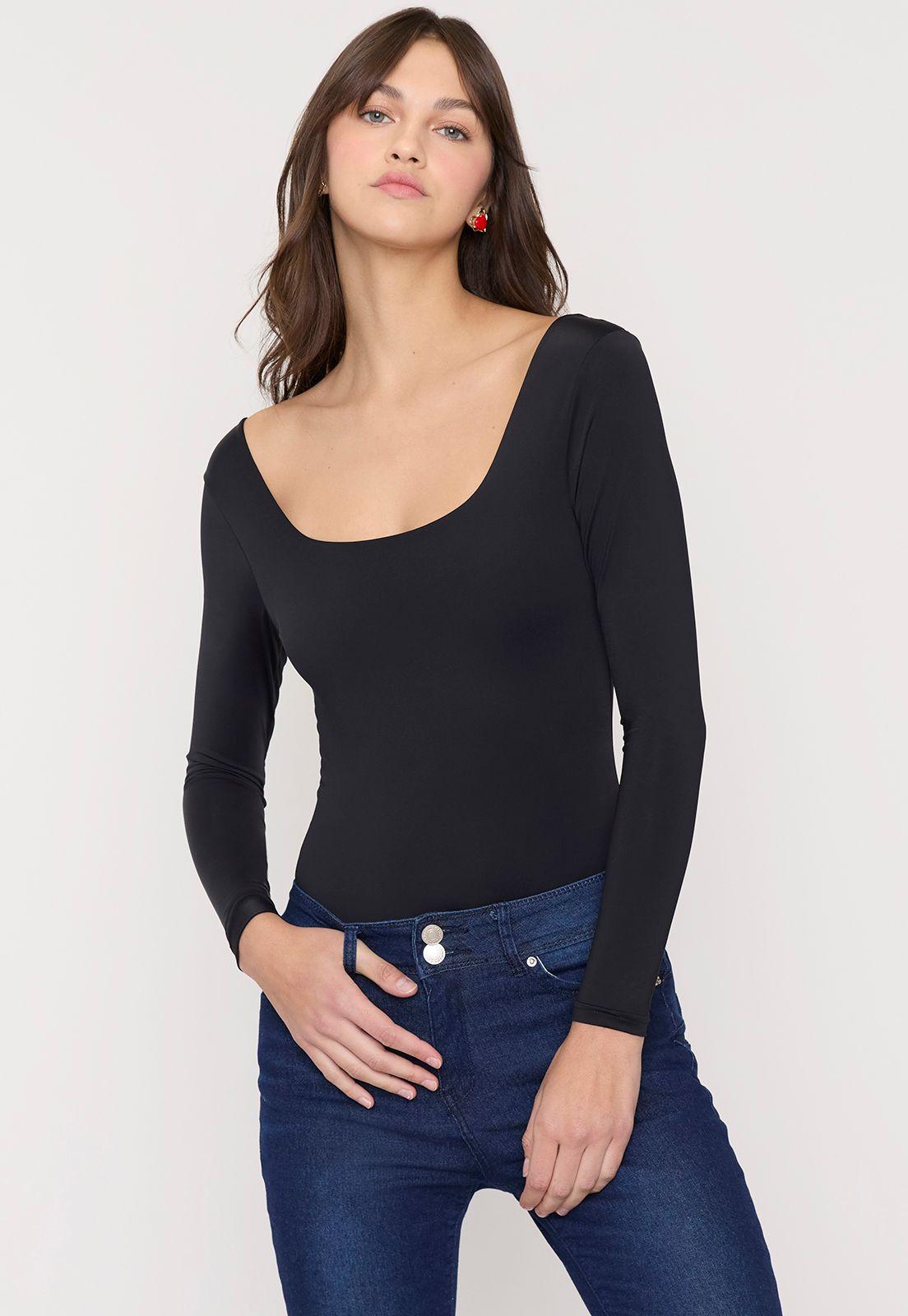 Body Mujer Manga Larga Cuello Cuadrado Negro Corona-0