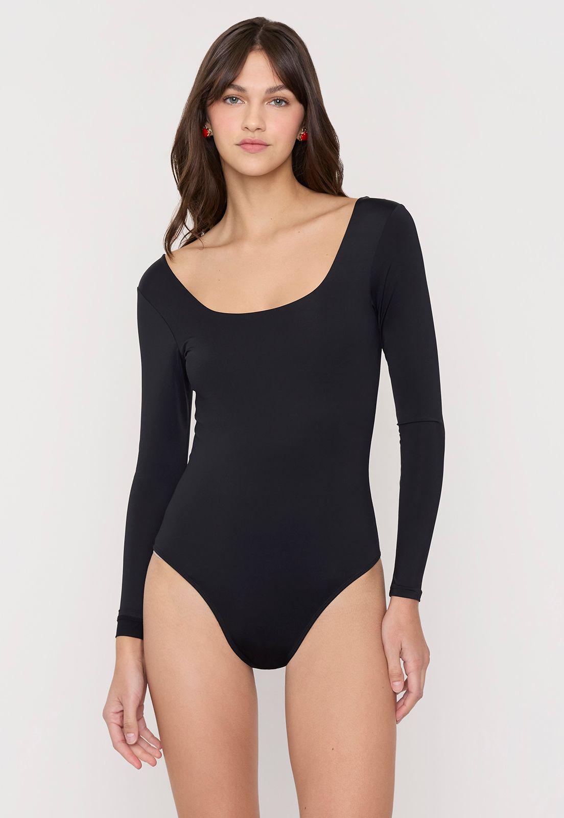 Body Mujer Manga Larga Cuello Cuadrado Negro Corona-2