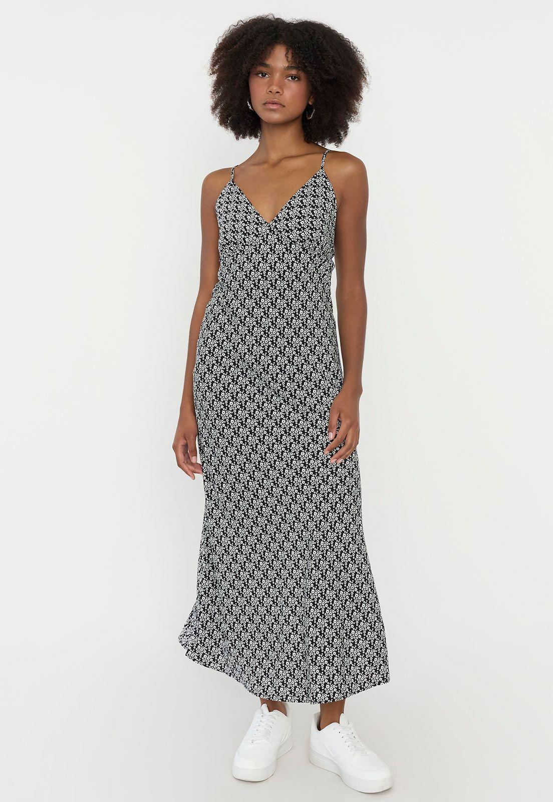 Vestido Mujer Largo Escote V Print Flores Negro Corona-0