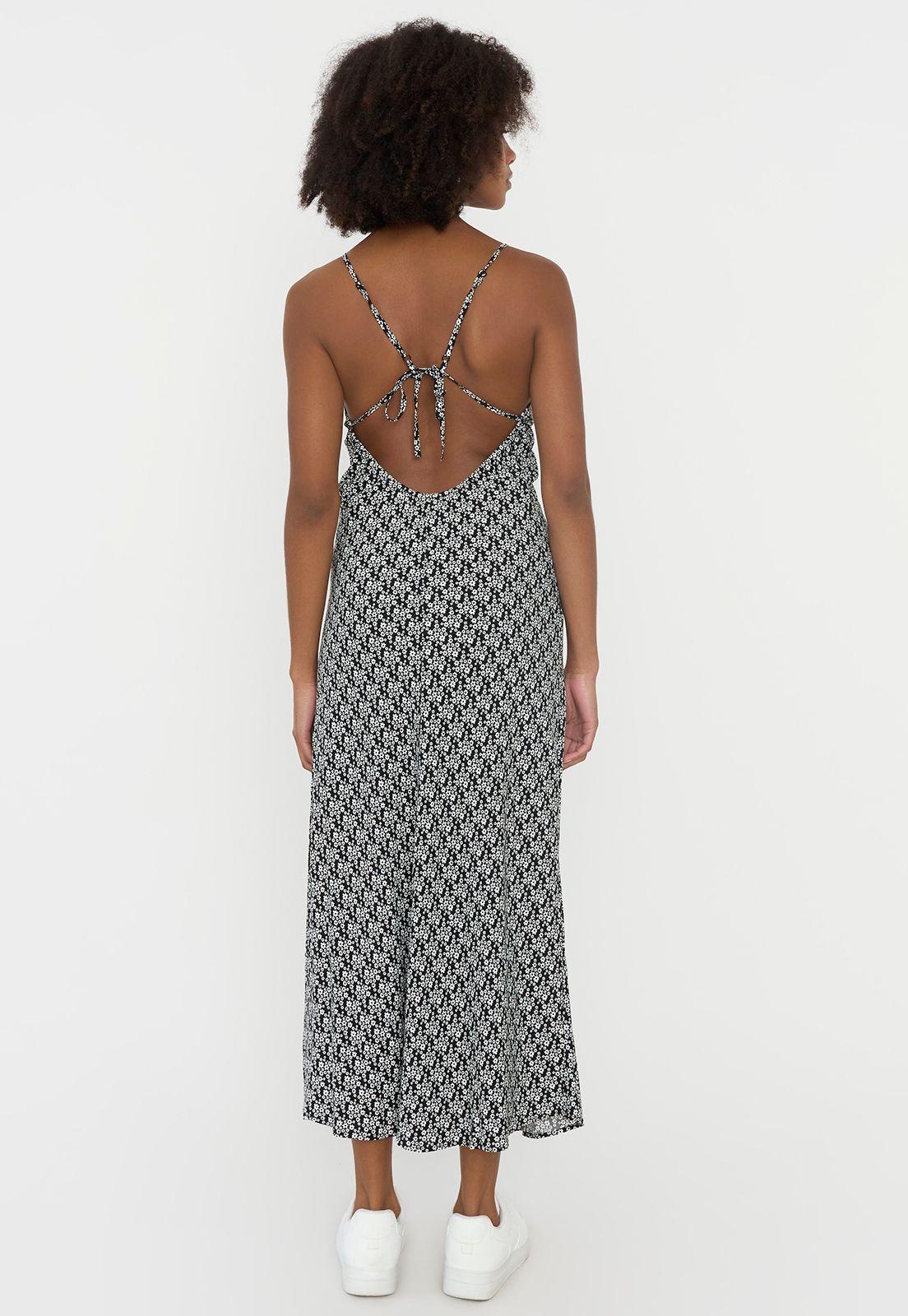 Vestido Mujer Largo Escote V Print Flores Negro Corona-1