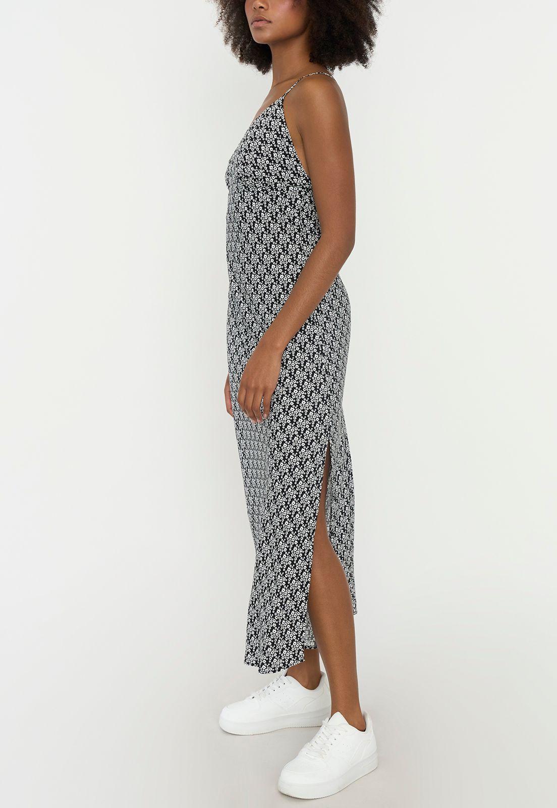 Vestido Mujer Largo Escote V Print Flores Negro Corona-2