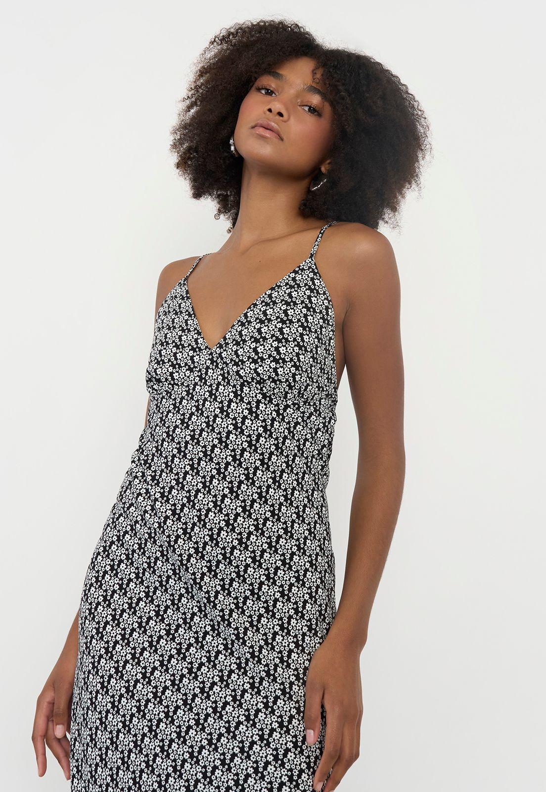 Vestido Mujer Largo Escote V Print Flores Negro Corona-3