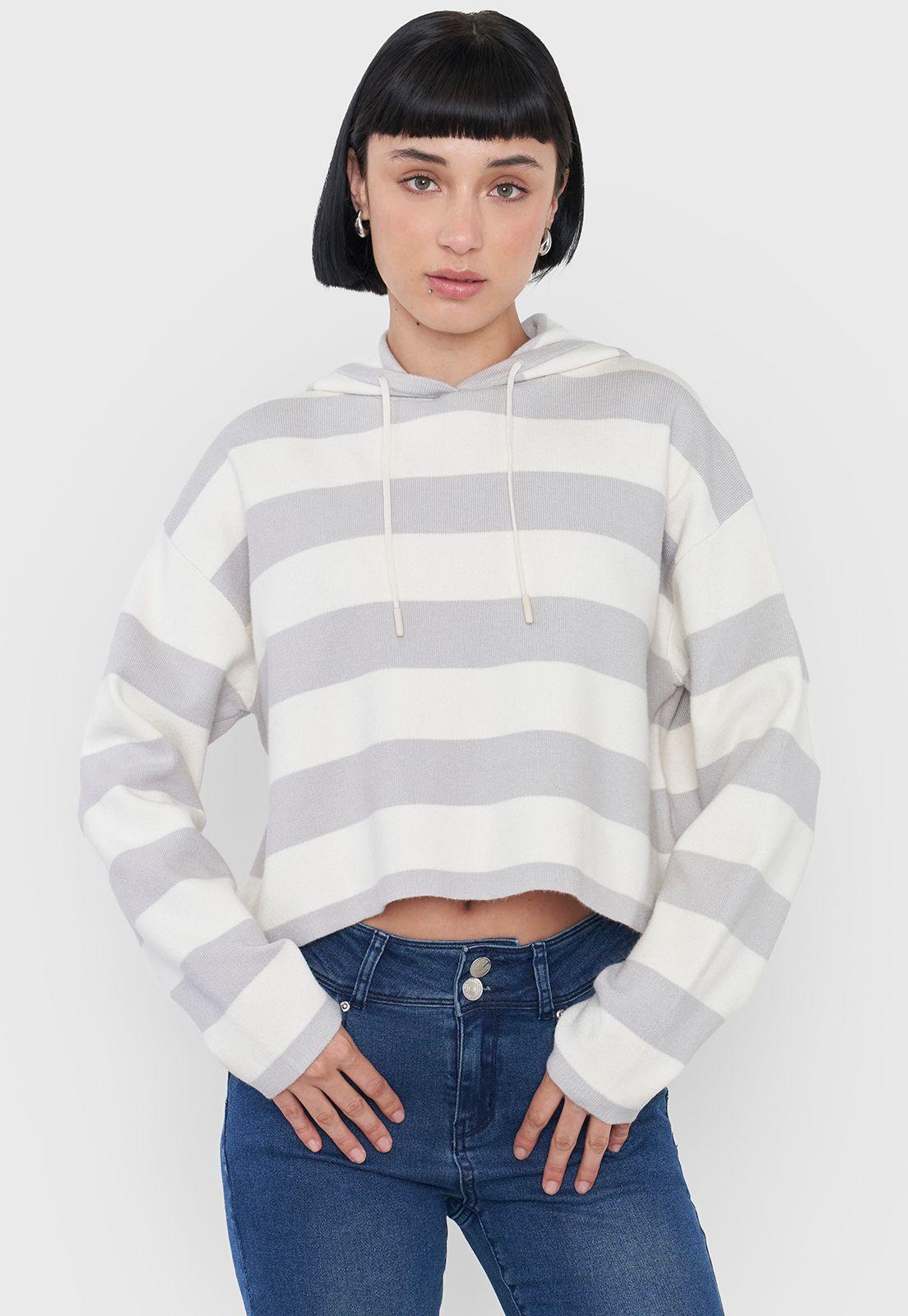 Sweater Mujer Hoodie Gris Rayas Corona-0