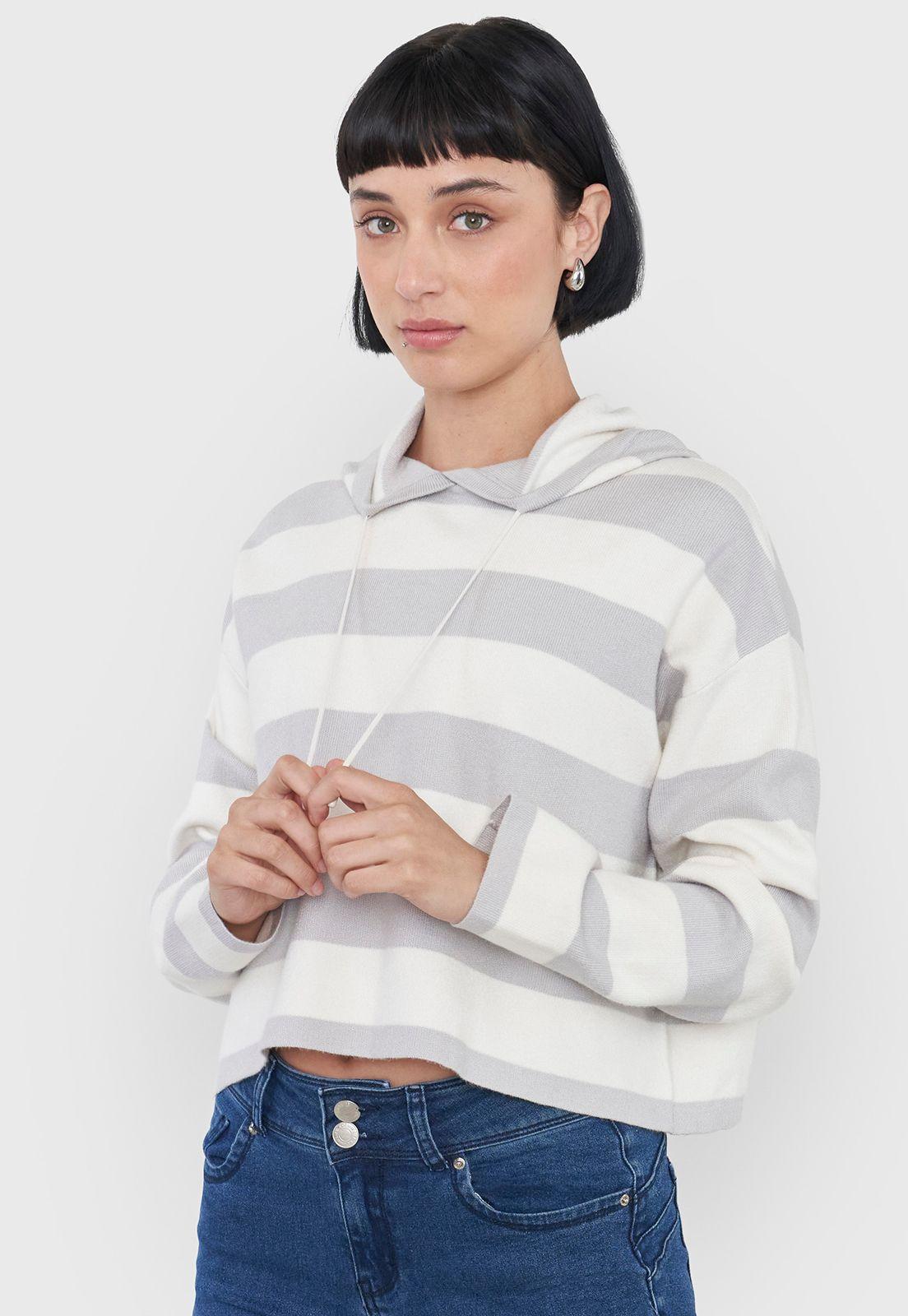 Sweater Mujer Hoodie Gris Rayas Corona-2