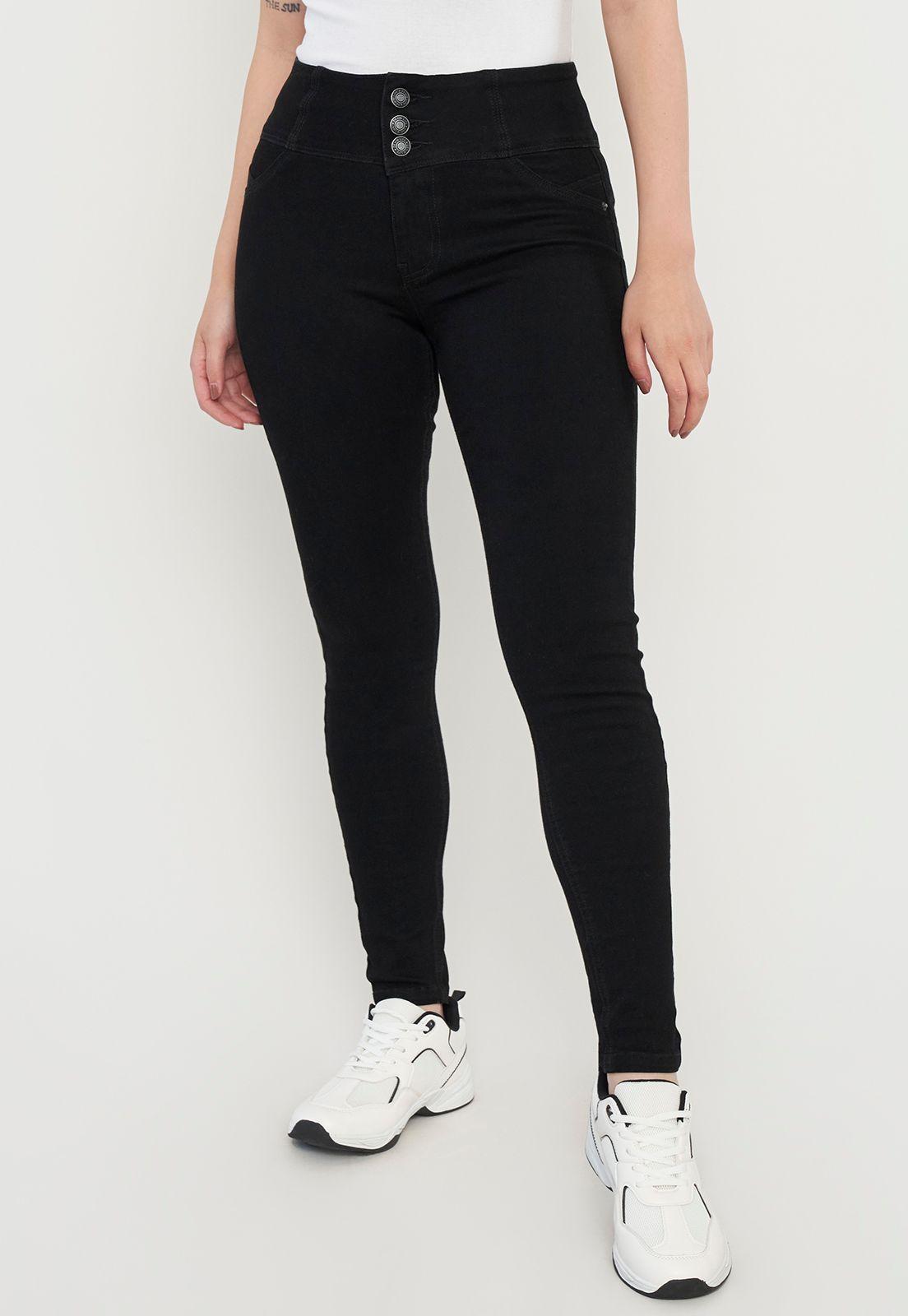 Jeans Mujer Push Up 3 Botones Negro Corona-1