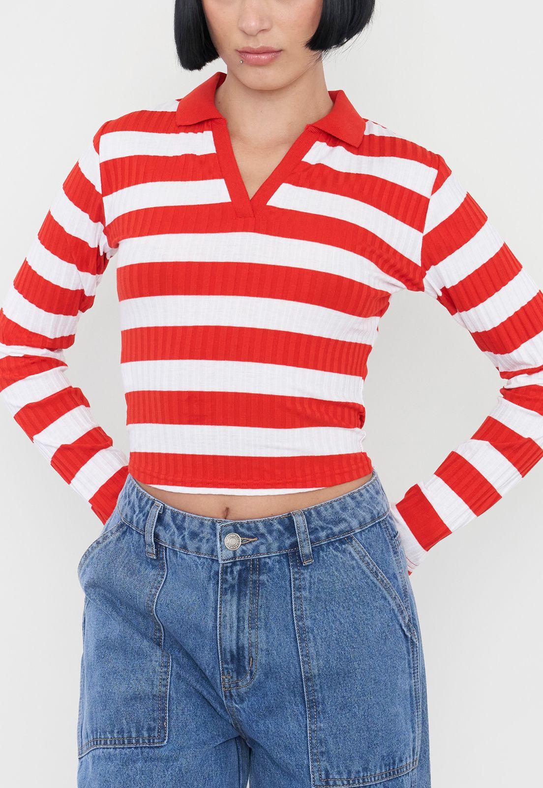 Polera Muje Manga Larga Cuello Polo Rojo Rayas Corona-2