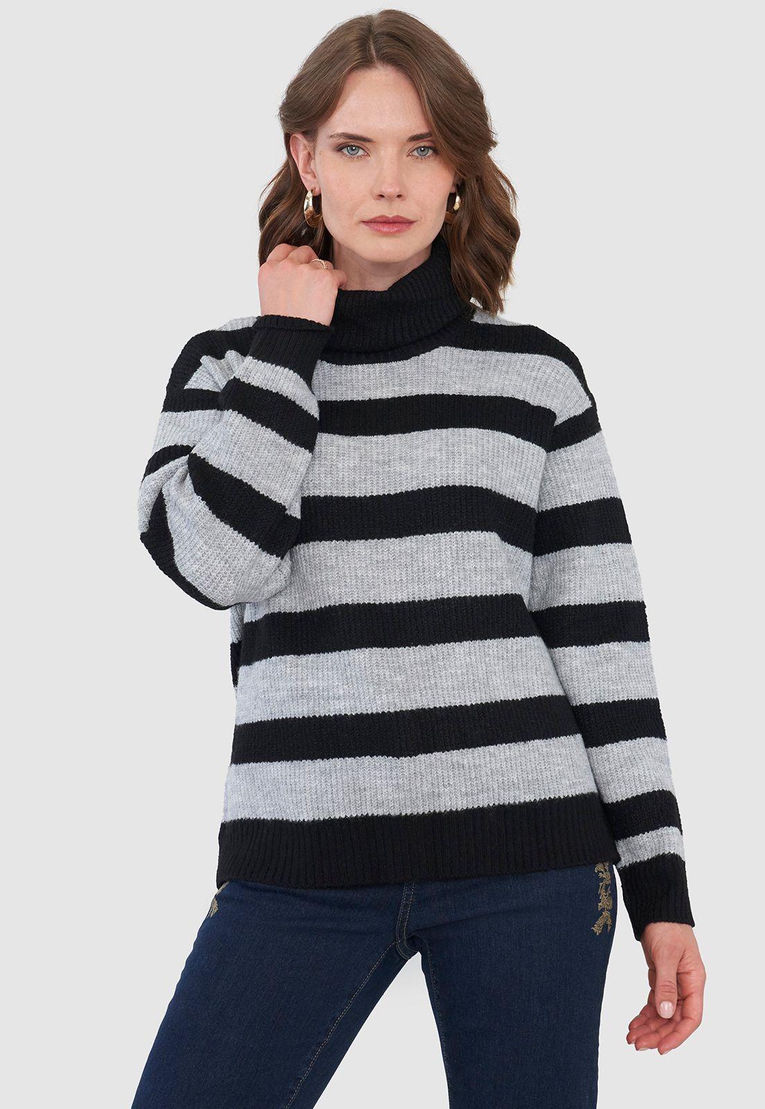 Sweater Negro Mujer Líneas Gris Básico Corona-0