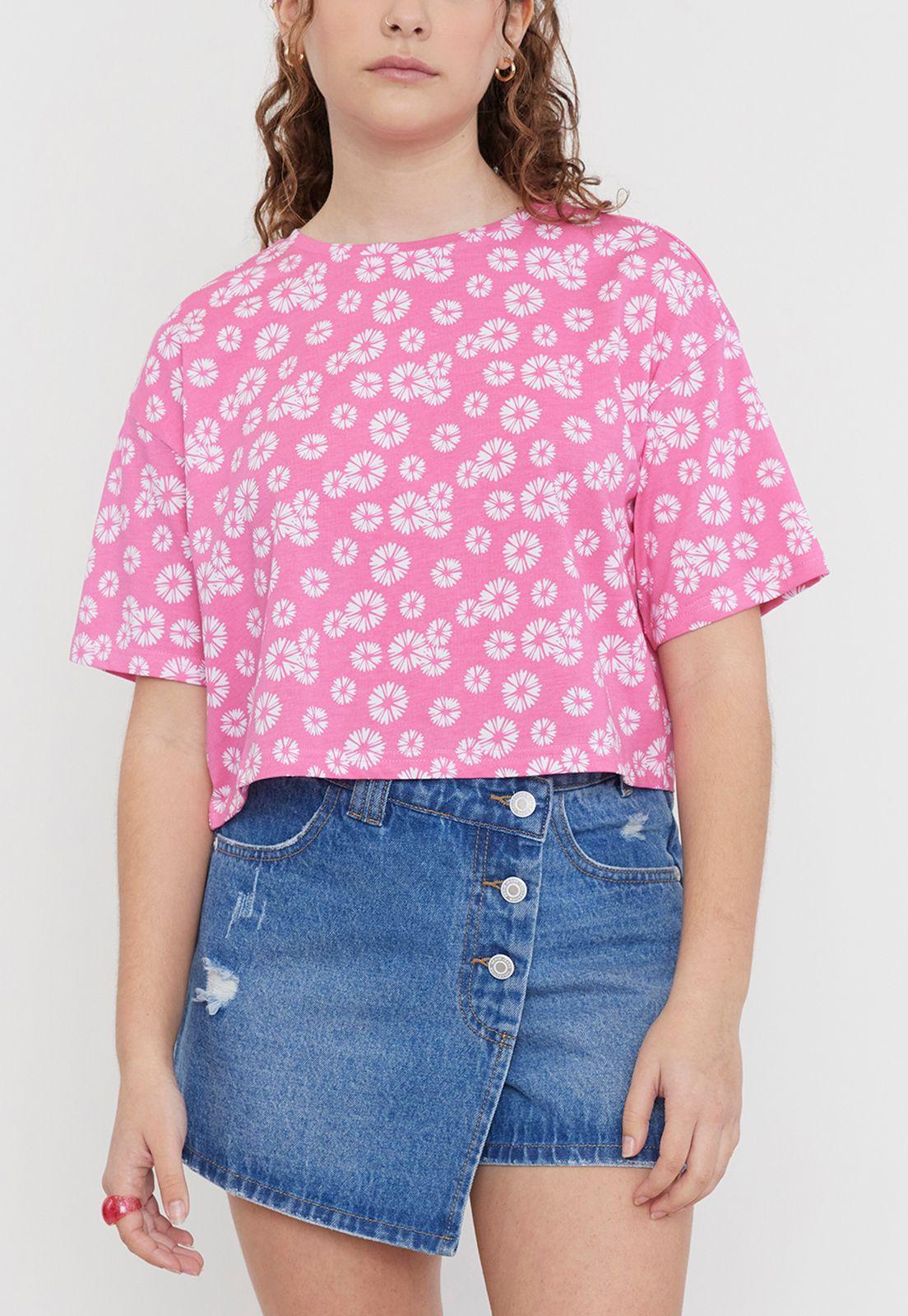 Polera Niña Teen Crop Full Print Rosado Corona-2