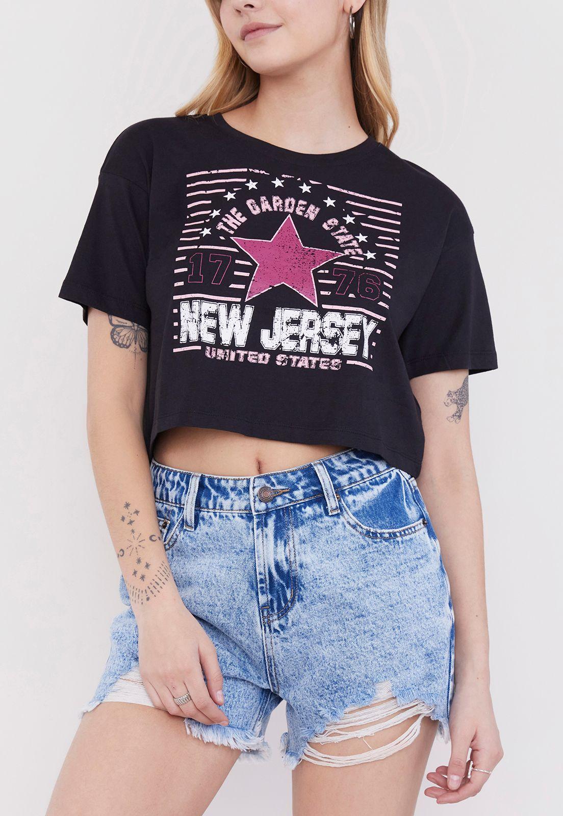 Polera Mujer Fun Manga Corta Crop Negro Vasity Corona-2
