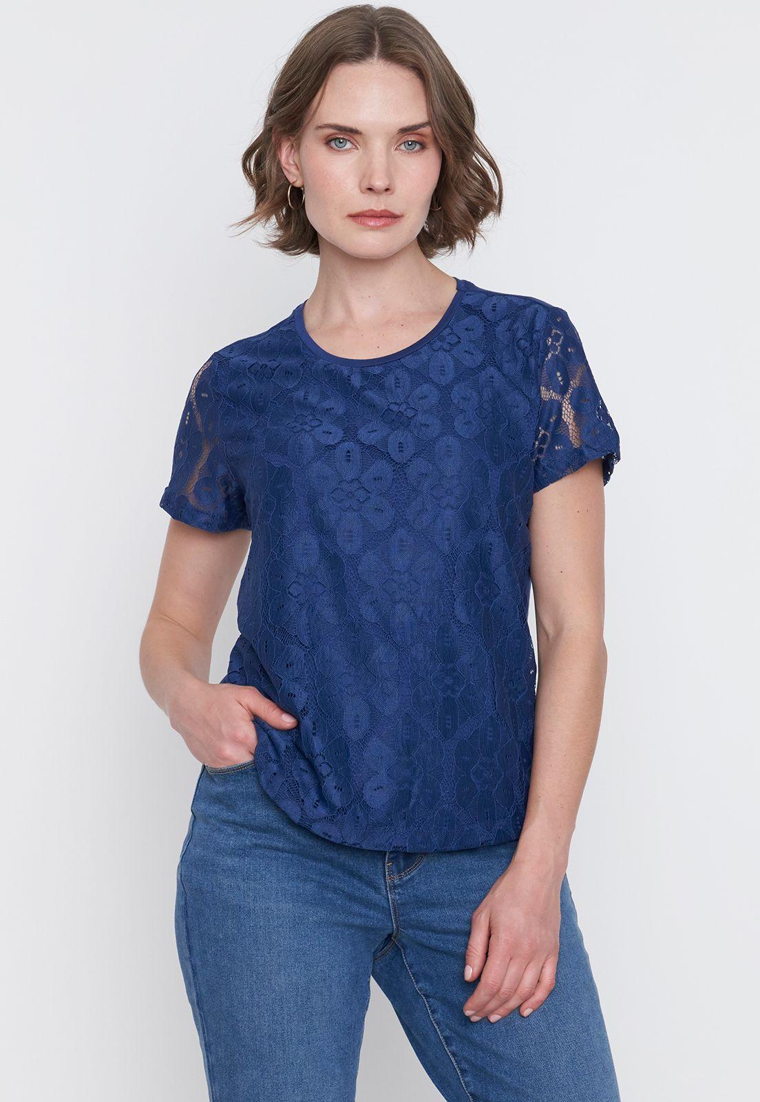 Polera Mujer Encaje M/C Navy Corona-0