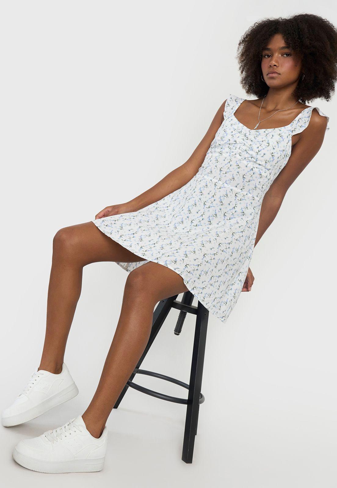 Vestido Mujer Corto Vuelos Print Flores Blanco Corona-0
