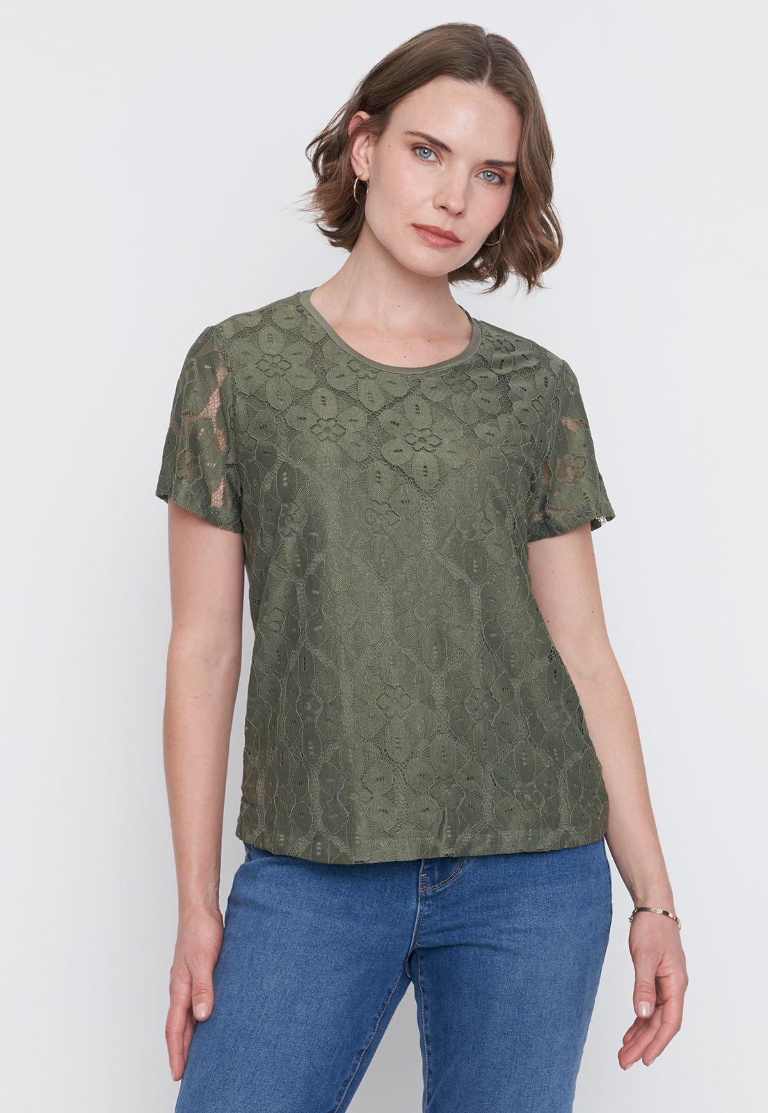Polera Mujer Encaje M/C Verde Corona-0