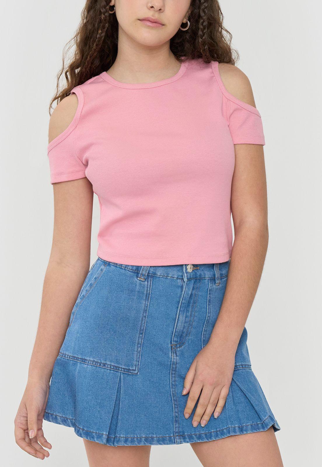 Polera Niña Teen Manga Corta Rib Rosado Corona-2