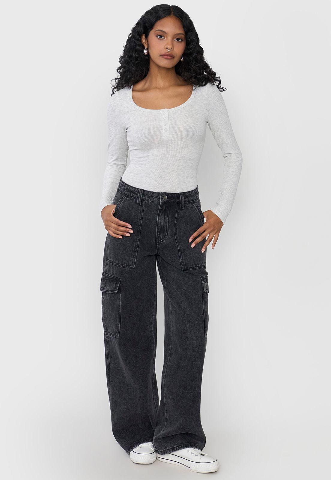 Jeans Mujer Cargo Wide Leg Fit Negro Corona-0