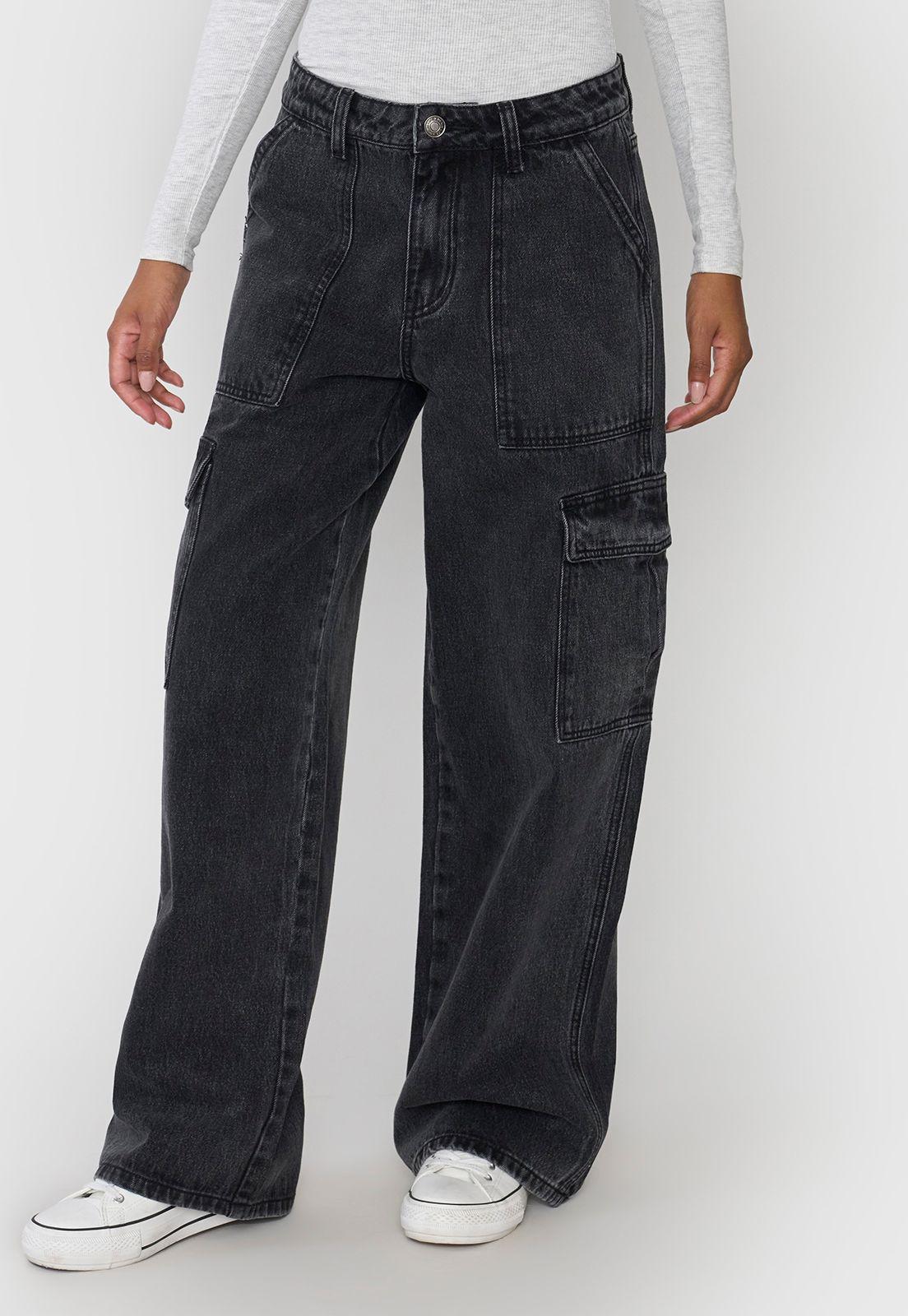 Jeans Mujer Cargo Wide Leg Fit Negro Corona-1