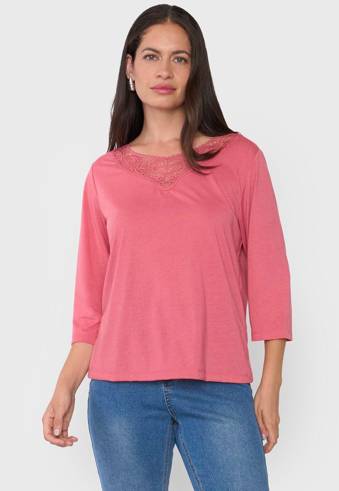 Polera Mujer Manga 3/4 Macramé Coral Corona-0