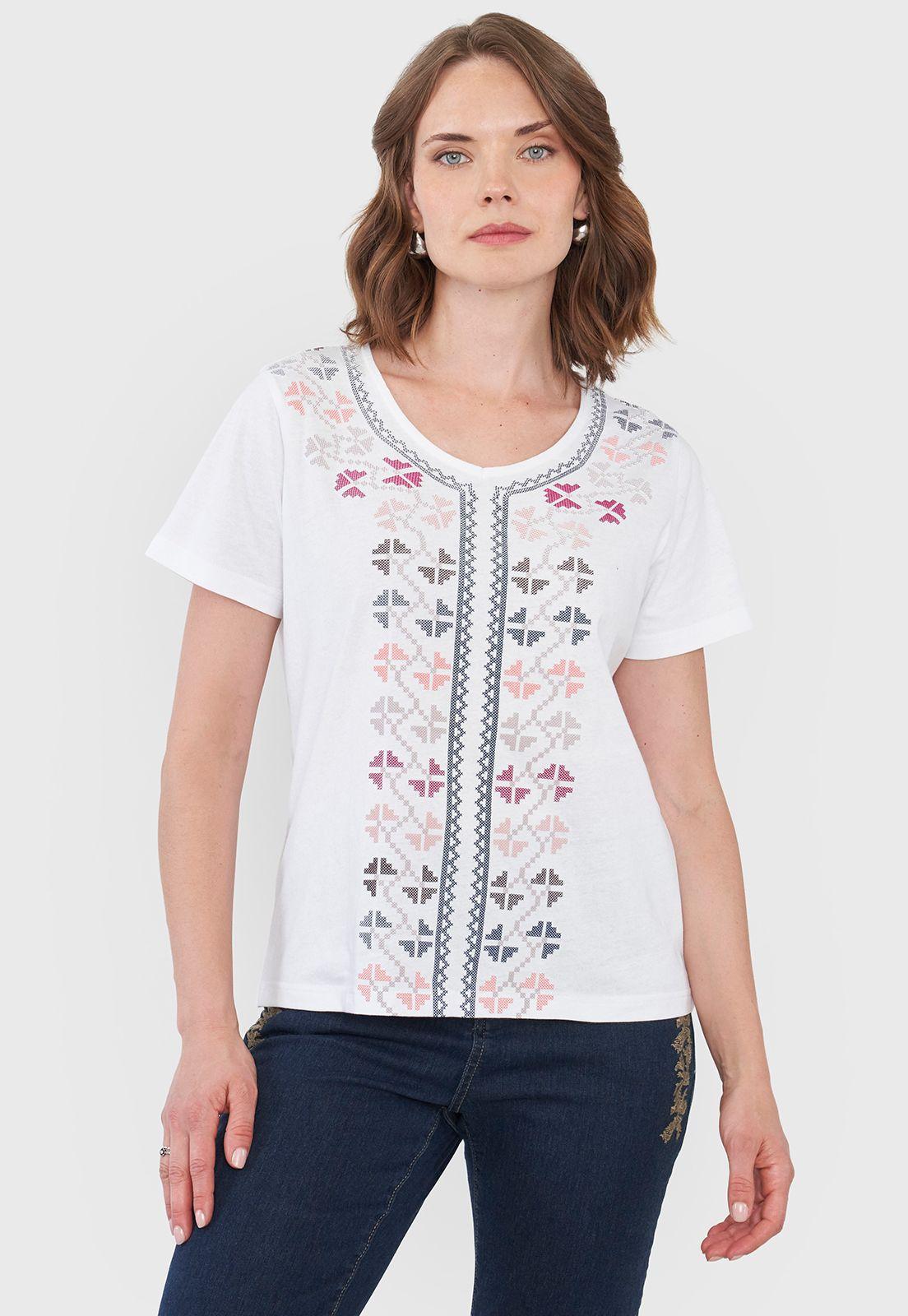 Polera Mujer Escote V Print Étnico Ecru Corona-0