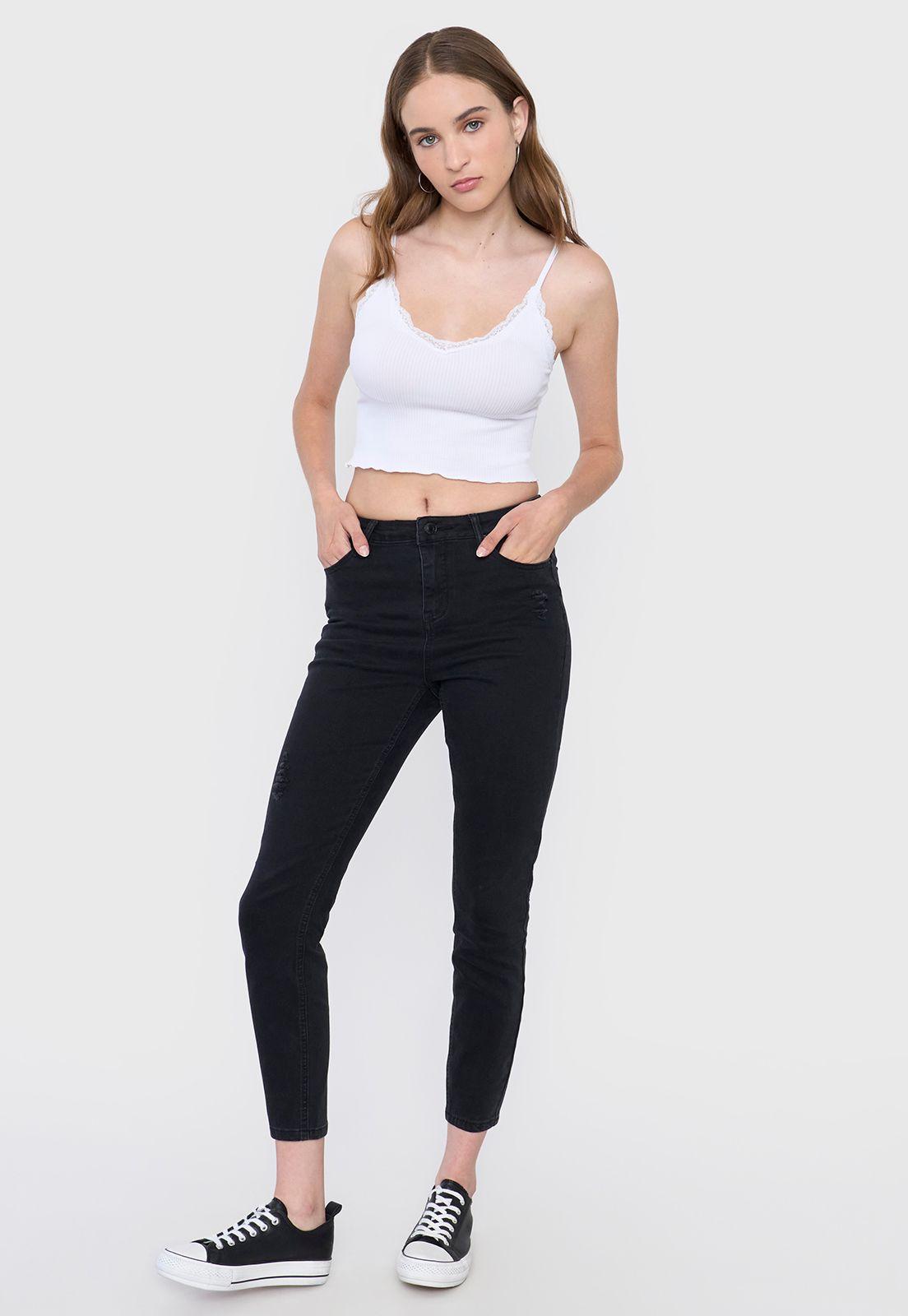 Jeans Mujer Skinny Fit Roturas Negro Corona-0
