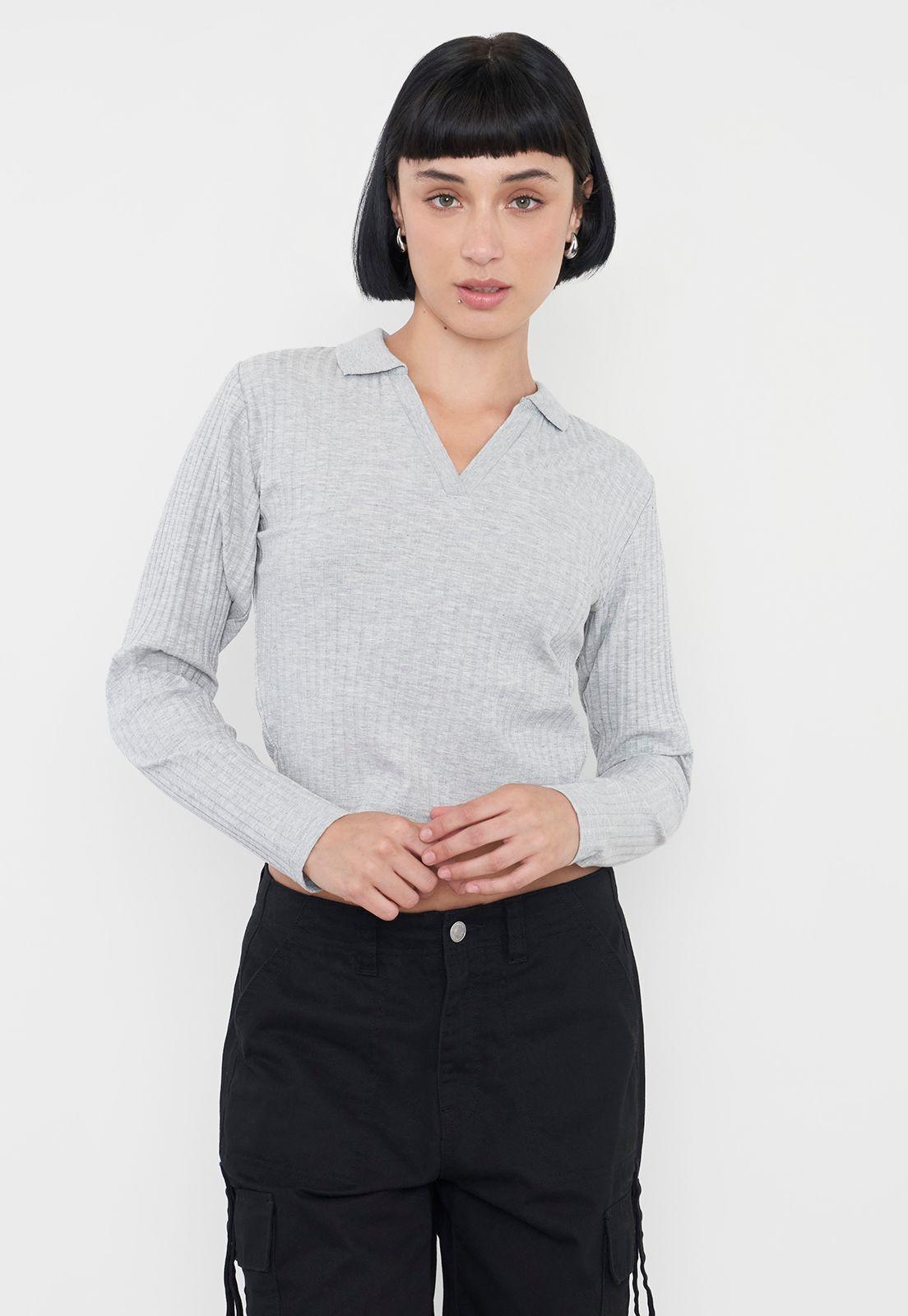 Polera Muje Manga Larga Cuello Polo Gris Corona-0