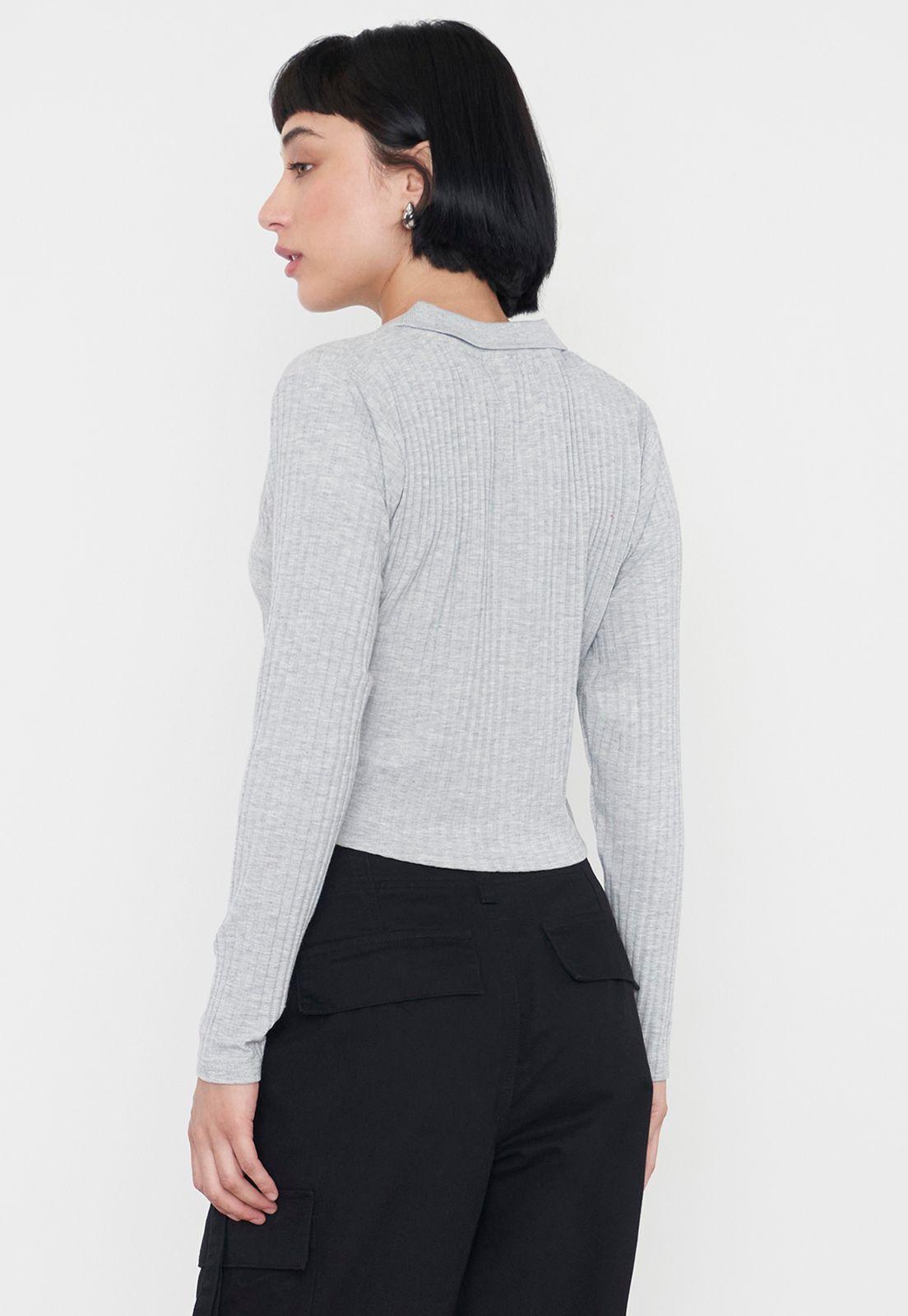 Polera Muje Manga Larga Cuello Polo Gris Corona-1