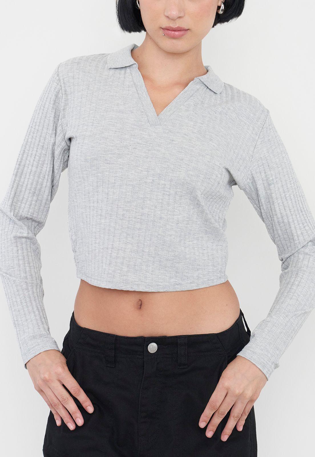 Polera Muje Manga Larga Cuello Polo Gris Corona-2
