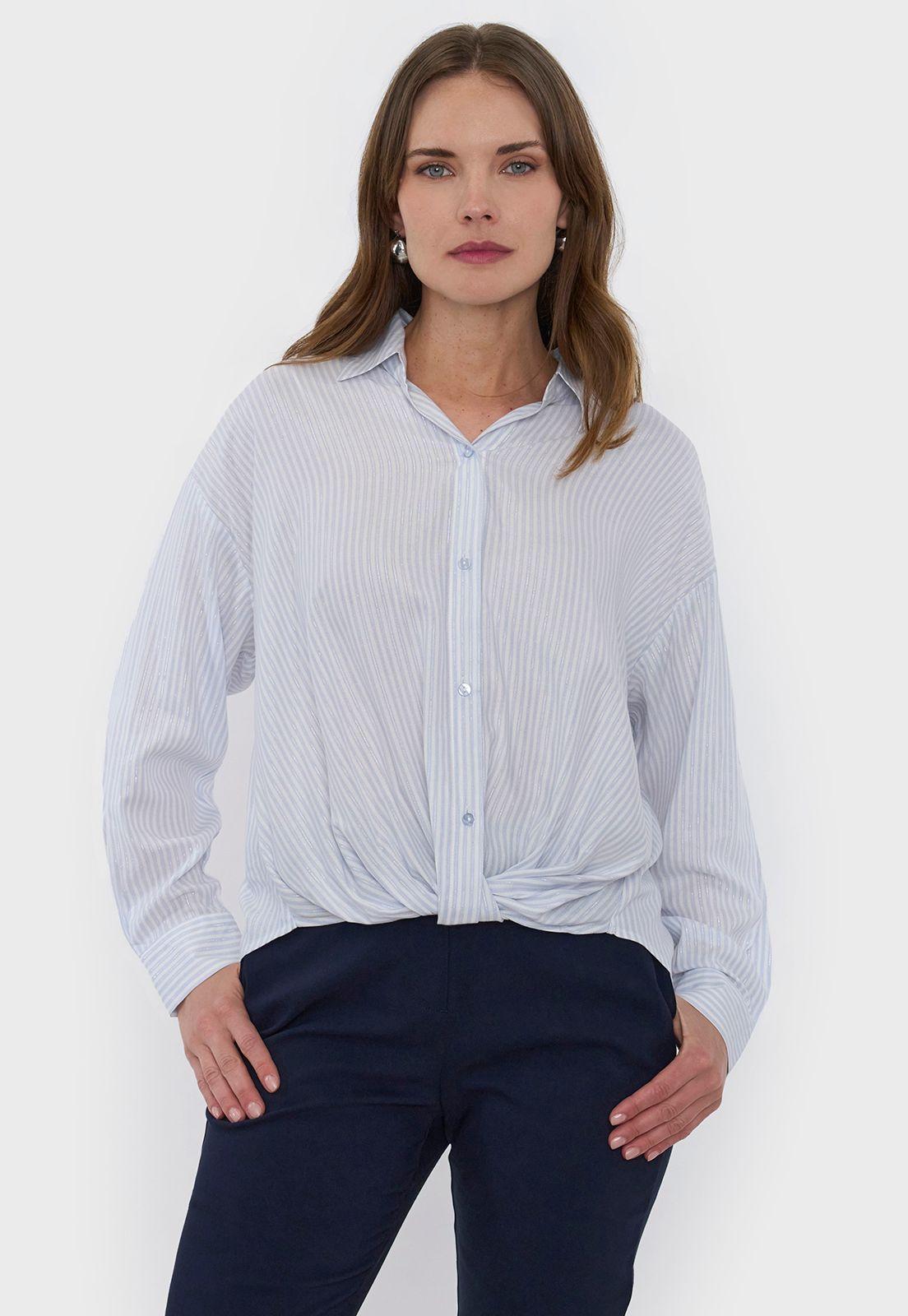 Blusa Mujer Cuello Camisero Lurex Celeste Corona-0