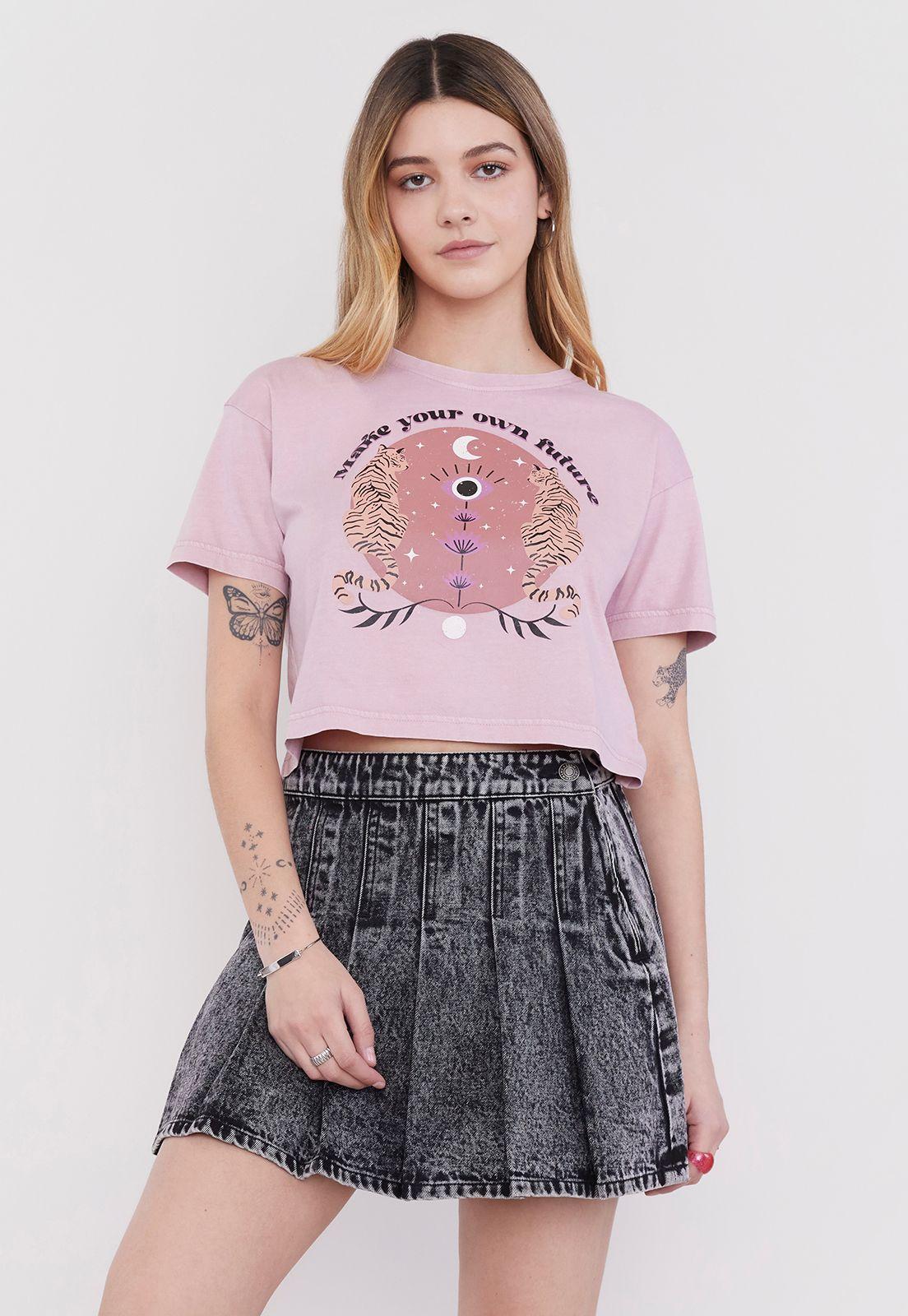 Polera Mujer Fun Manga Corta Crop Rosa Corona-1