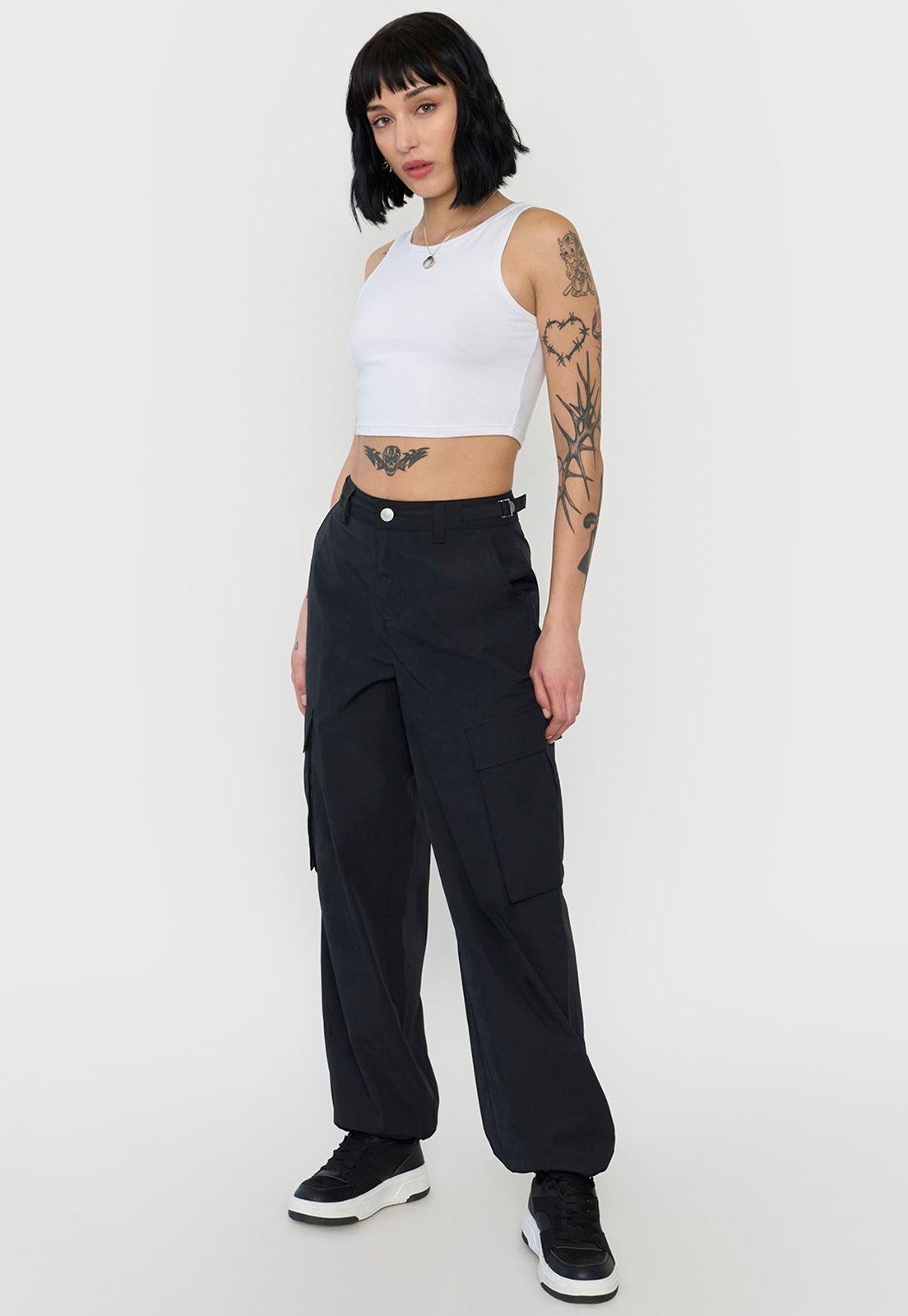 Pantalón Mujer Parachute Cargo Negro Ajustable Corona-0