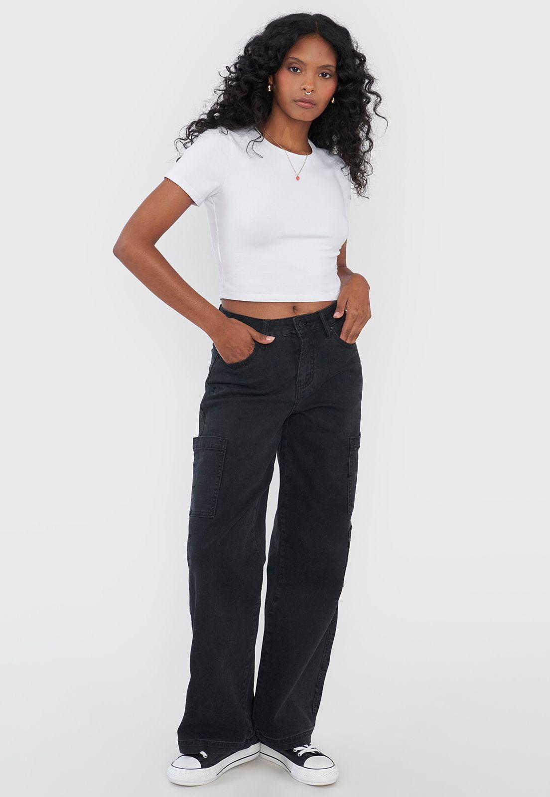 Jeans Mujer Cargo Negro Straight Fit Corona-0