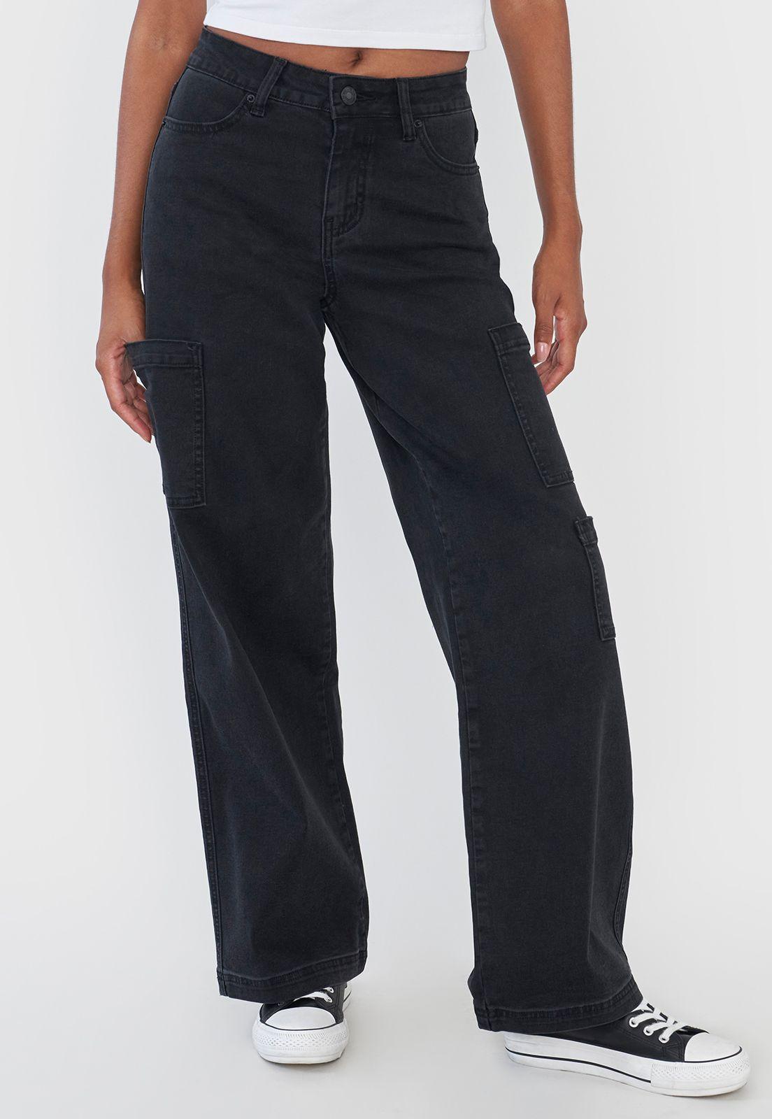 Jeans Mujer Cargo Negro Straight Fit Corona-1
