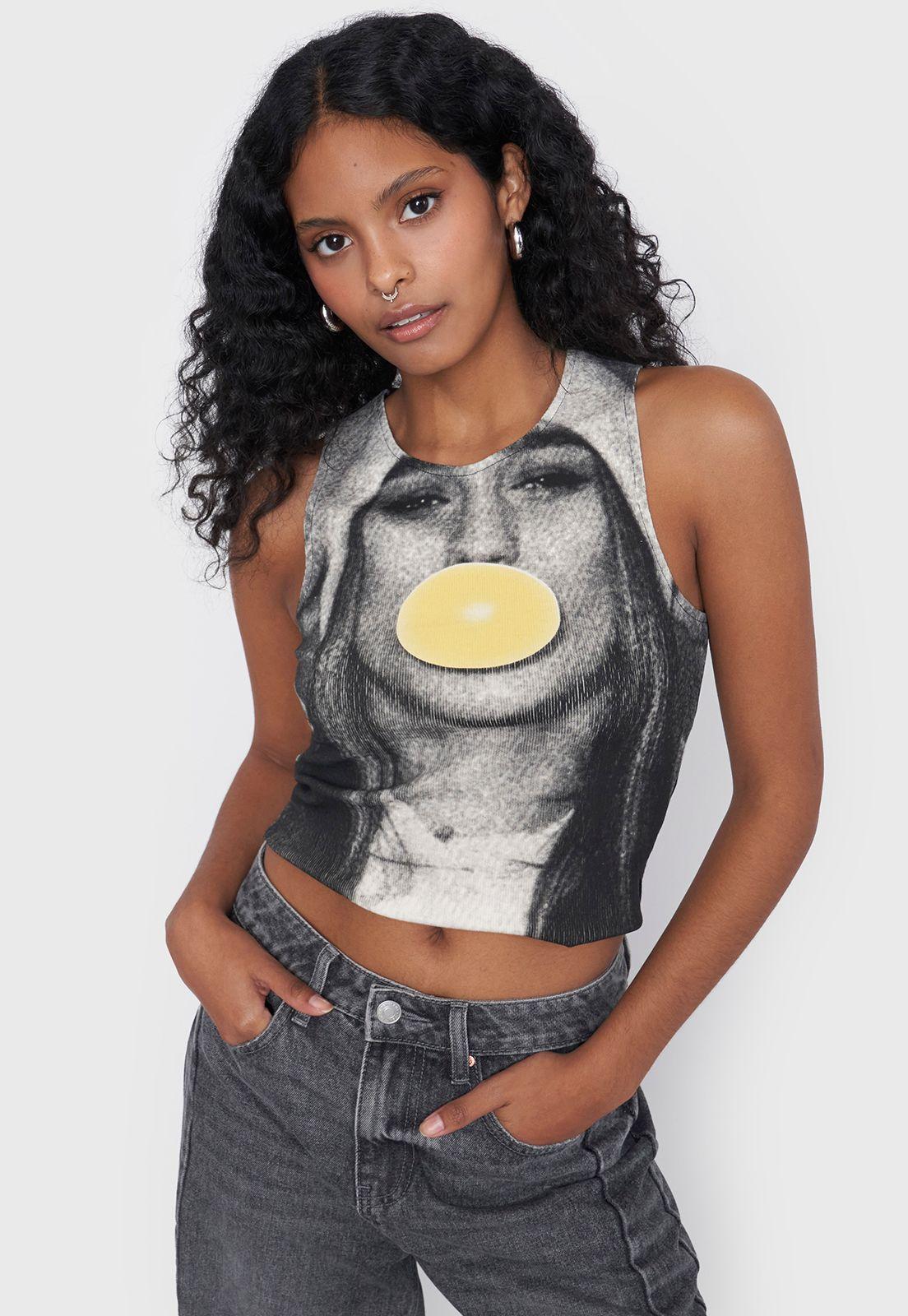 Polera Mujer Sin Mangas Print Rostro Negro Corona-0