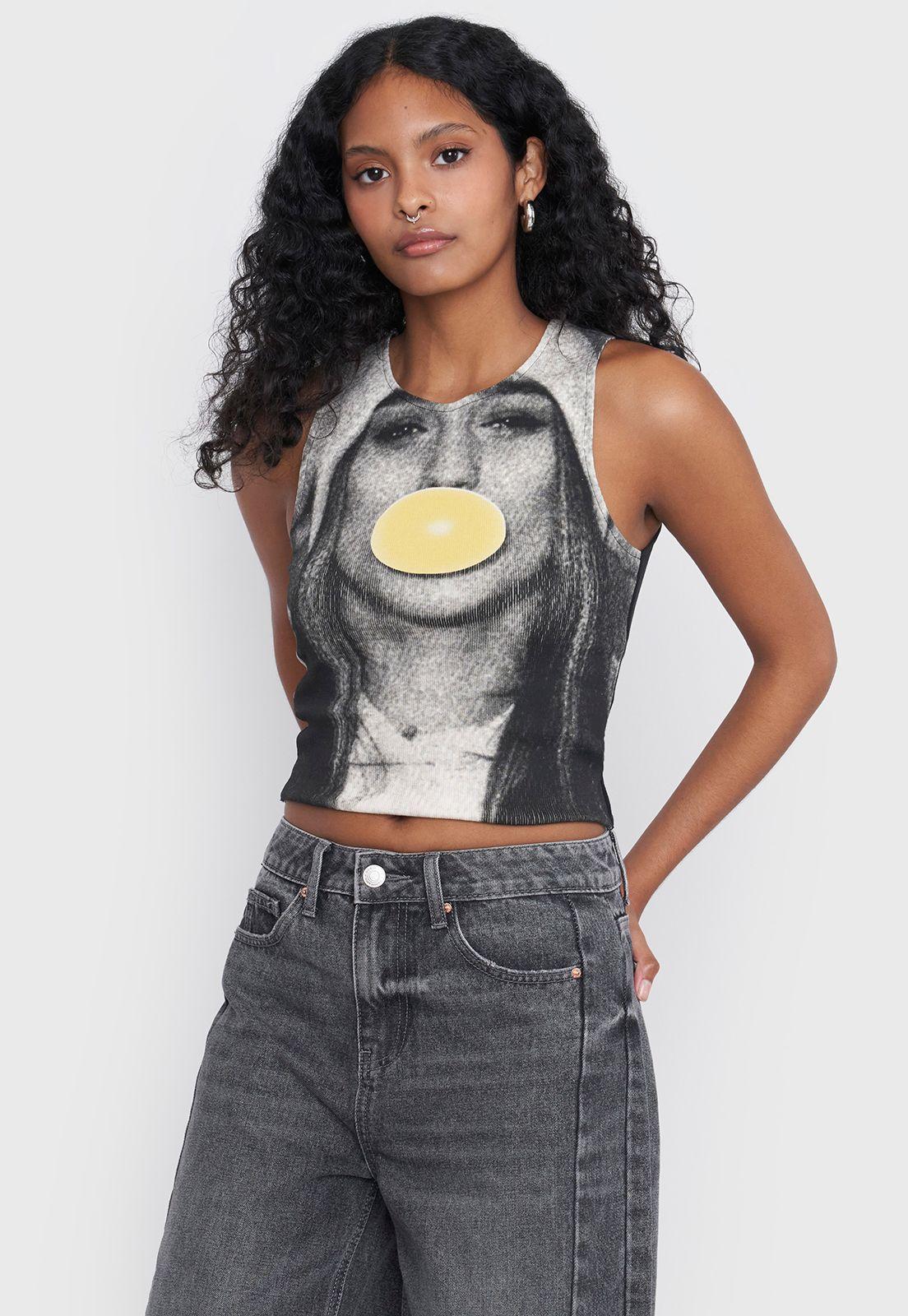 Polera Mujer Sin Mangas Print Rostro Negro Corona-2