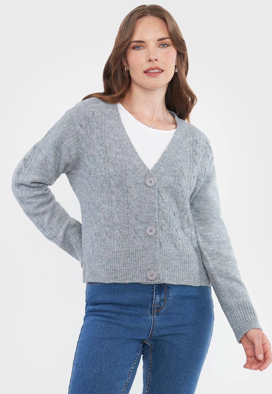 Sweater Mujer Cárdigan Trenzas Gris Corona-0