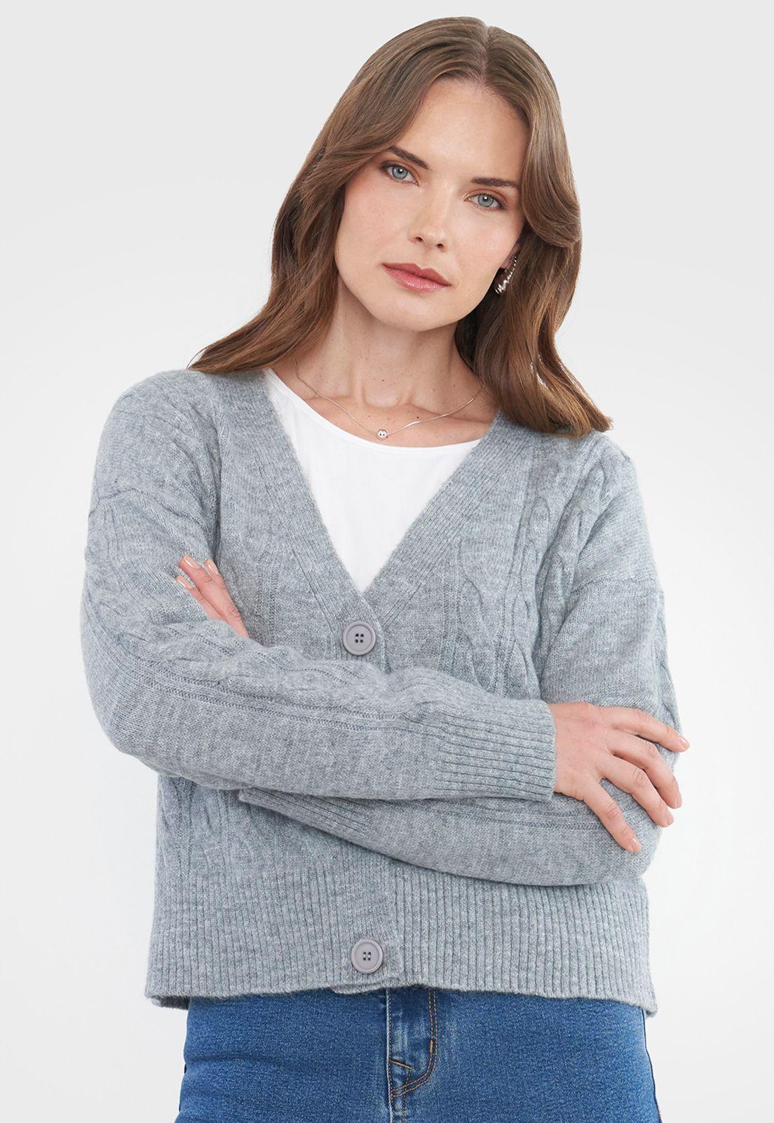 Sweater Mujer Cárdigan Trenzas Gris Corona-2