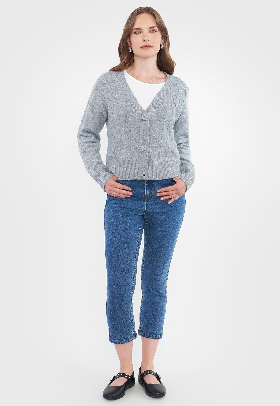 Sweater Mujer Cárdigan Trenzas Gris Corona-3