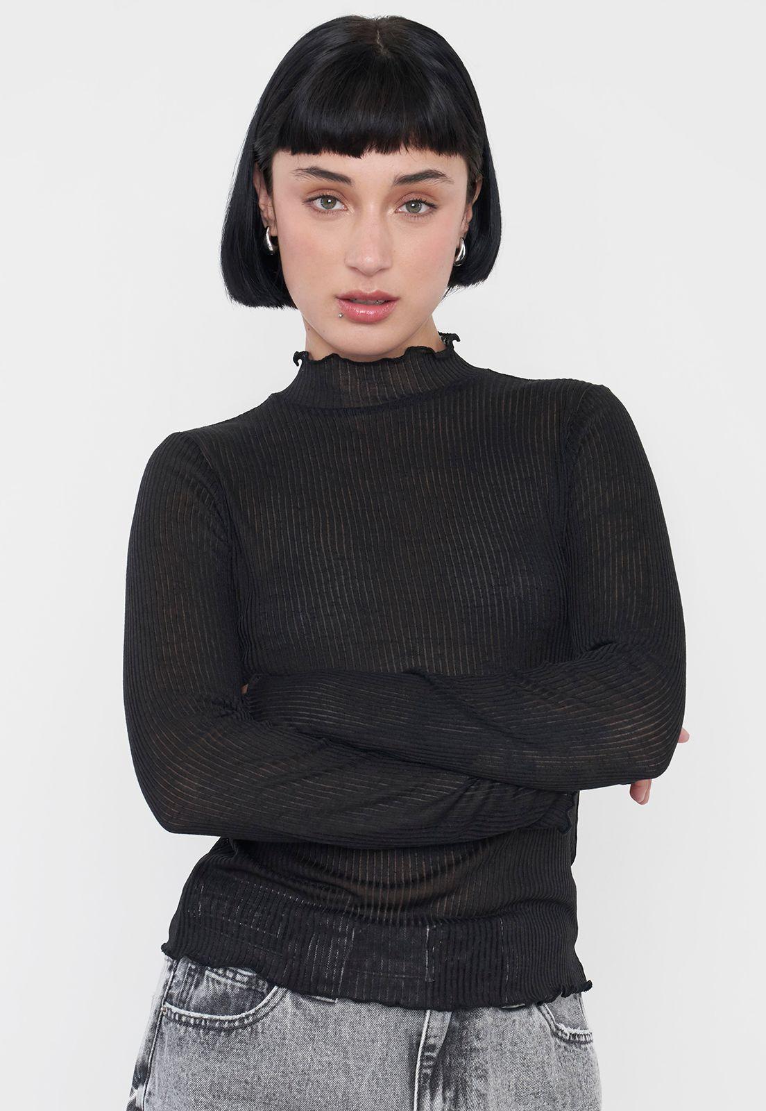 Polera Mujer Manga Larga Malla Negro Corona-2