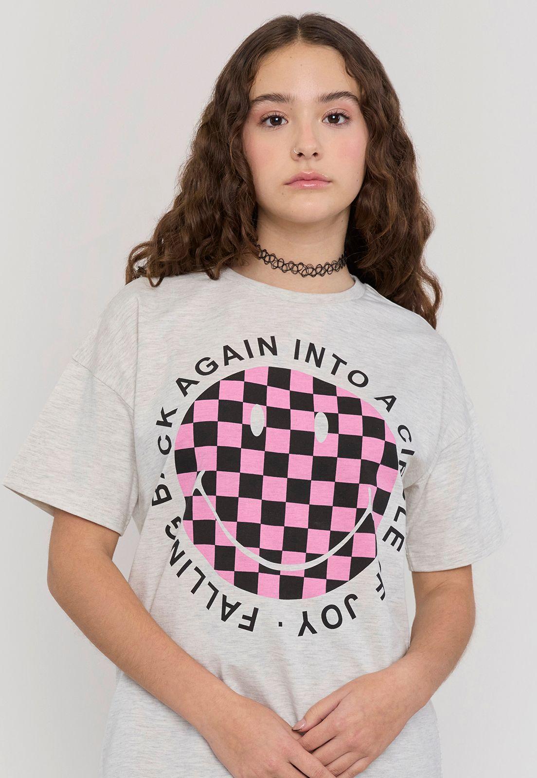Polera Niña Teen Manga Corta Smiley Gris Melange Corona-2