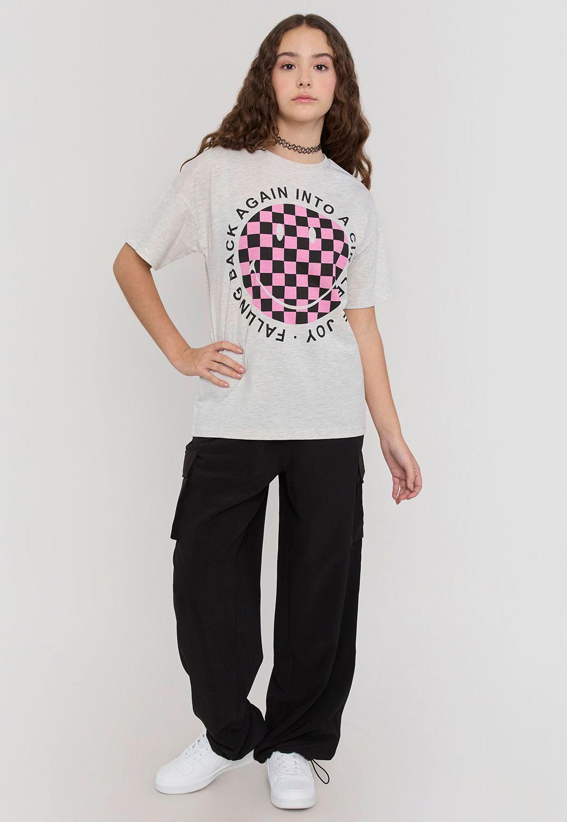 Polera Niña Teen Manga Corta Smiley Gris Melange Corona-3