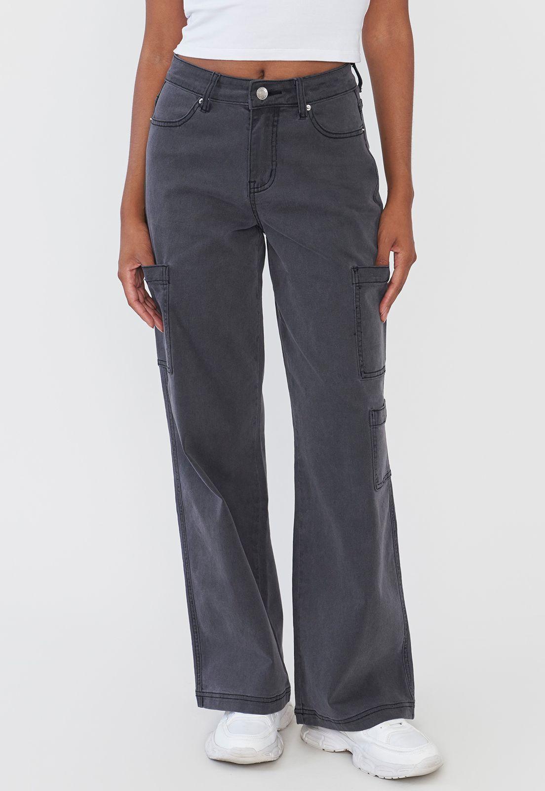 Jeans Mujer Cargo Straight Fit Gris Corona-1
