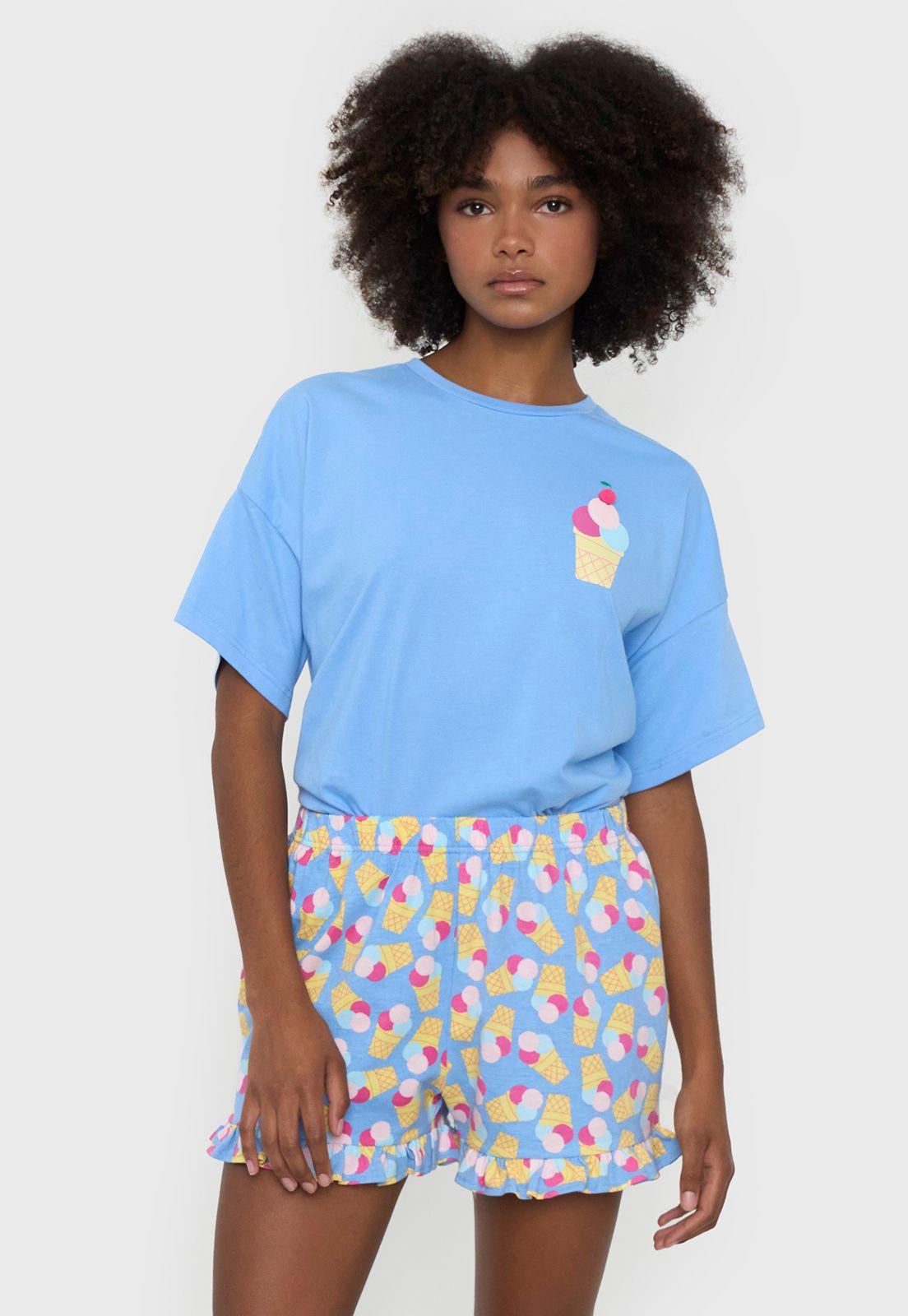 Pijama Mujer Corto Oversize Vuelos Celeste Corona-2