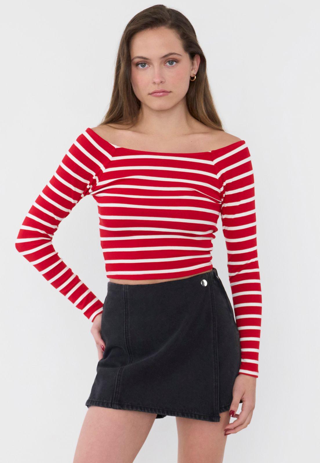 Polera Mujer Sin Hombros M/L Rayas Rojo Corona-0