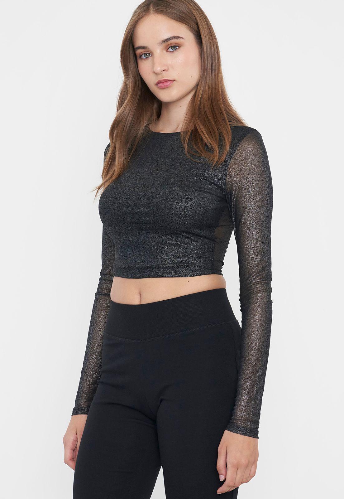 Polera Mujer Manga Larga Negro Espalda Abierta Corona-2