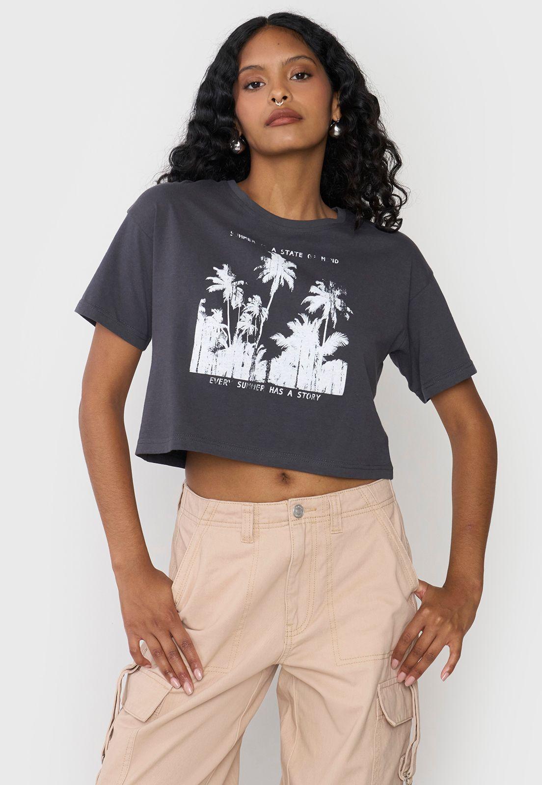 Polera Mujer Fun Manca Corta Crop Gris Corona-0