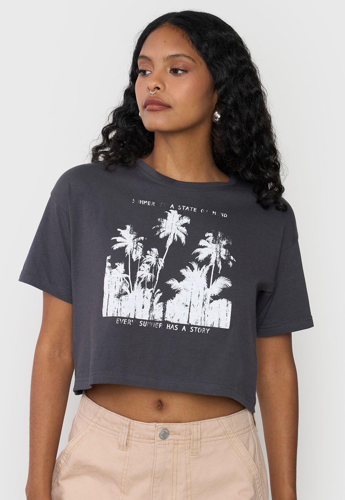 Polera Mujer Fun Manca Corta Crop Gris Corona-2