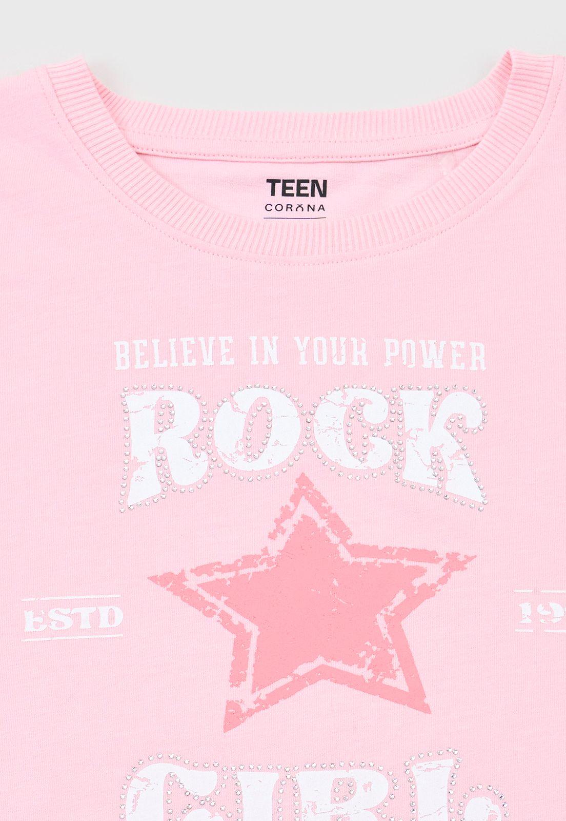 Polera Niña Teen M/C Print Strass Rosado Corona-2