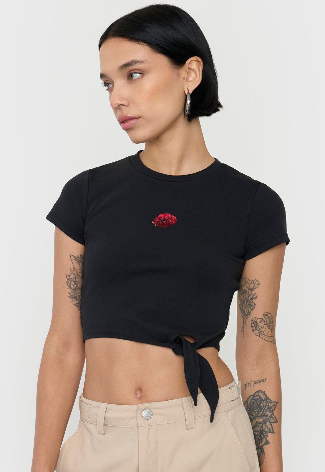 Polera Mujer Manga Corta Nudo Negro Corona-2