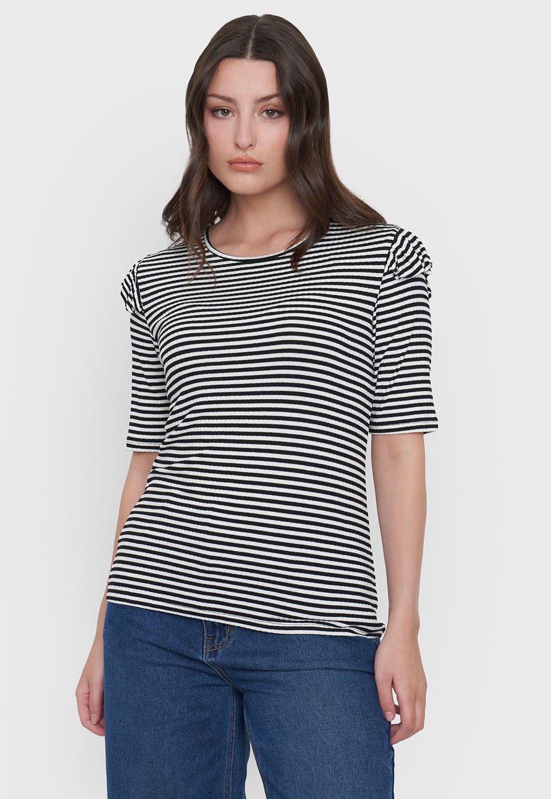 Polera Mujer Rib Vuelos Líneas Negro Corona-0