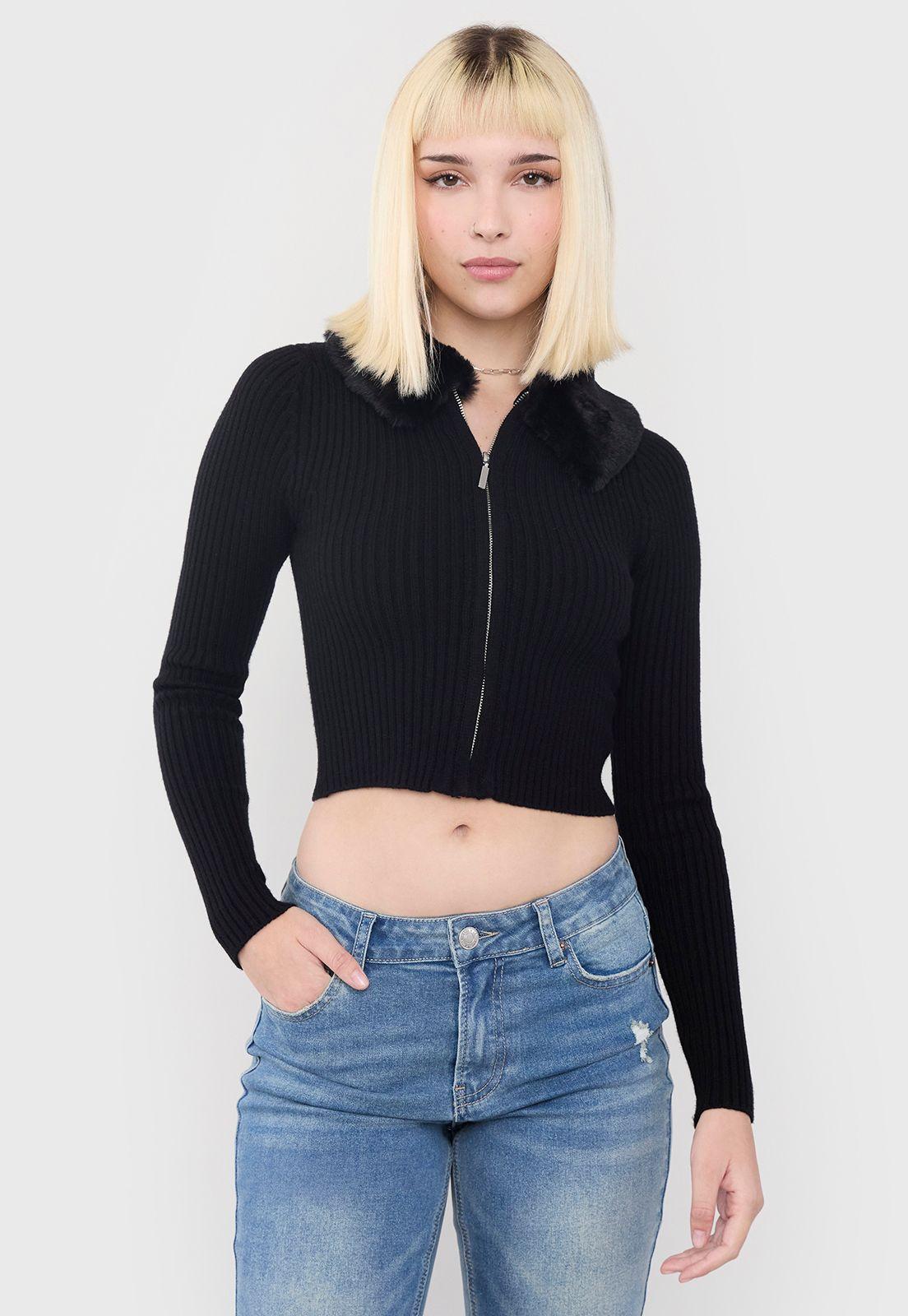 Chaleco Mujer Peludo Negro Cardigan Corona-0