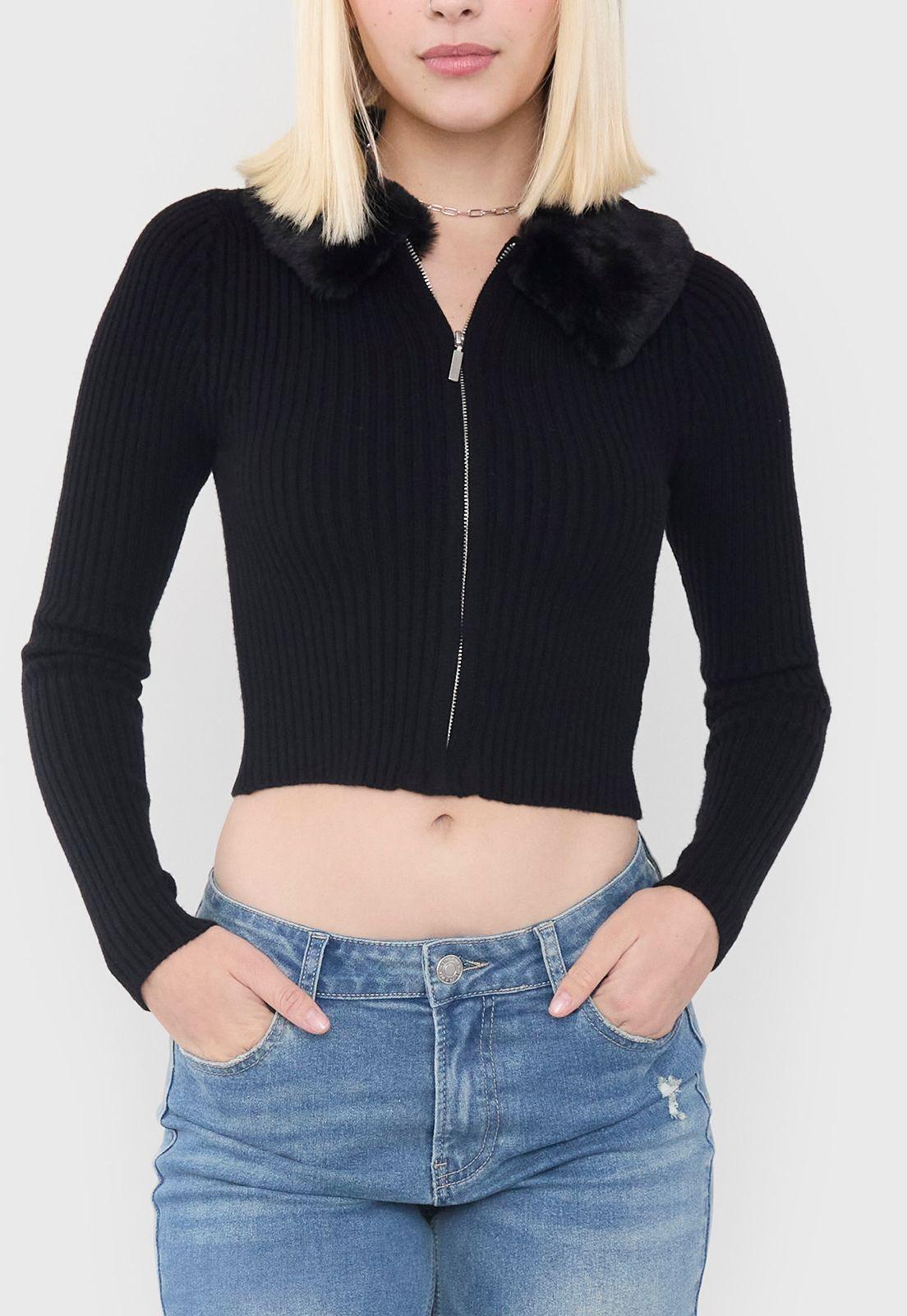 Chaleco Mujer Peludo Negro Cardigan Corona-2